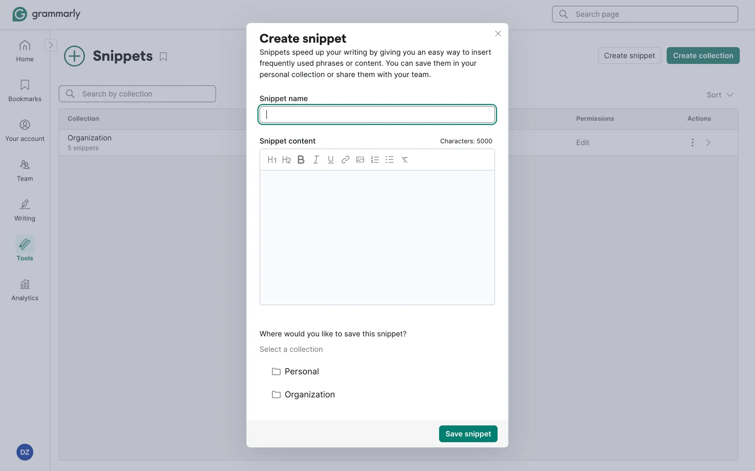 Snippets in Grammarly