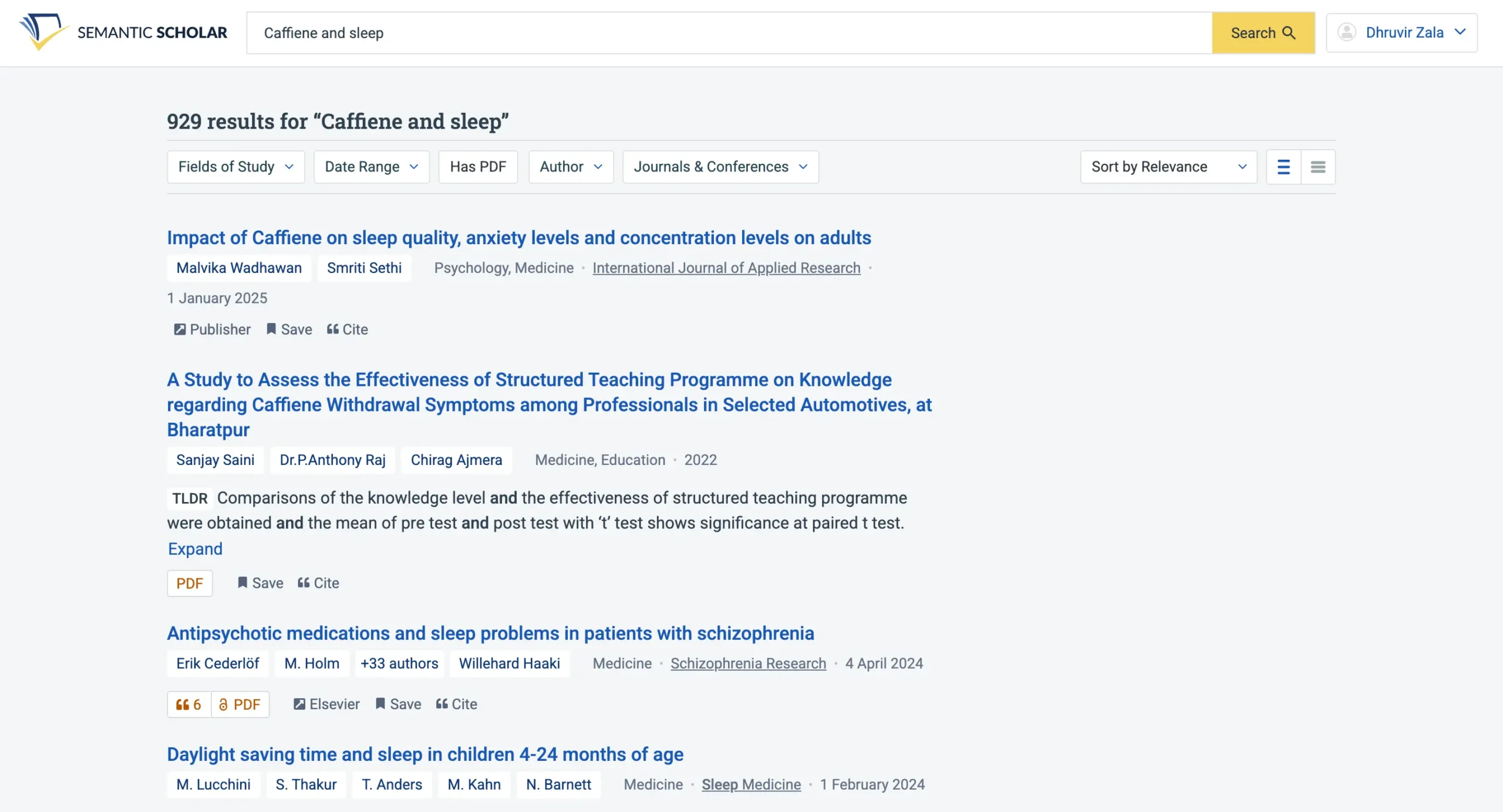 Using Semantic Scholar's search feature