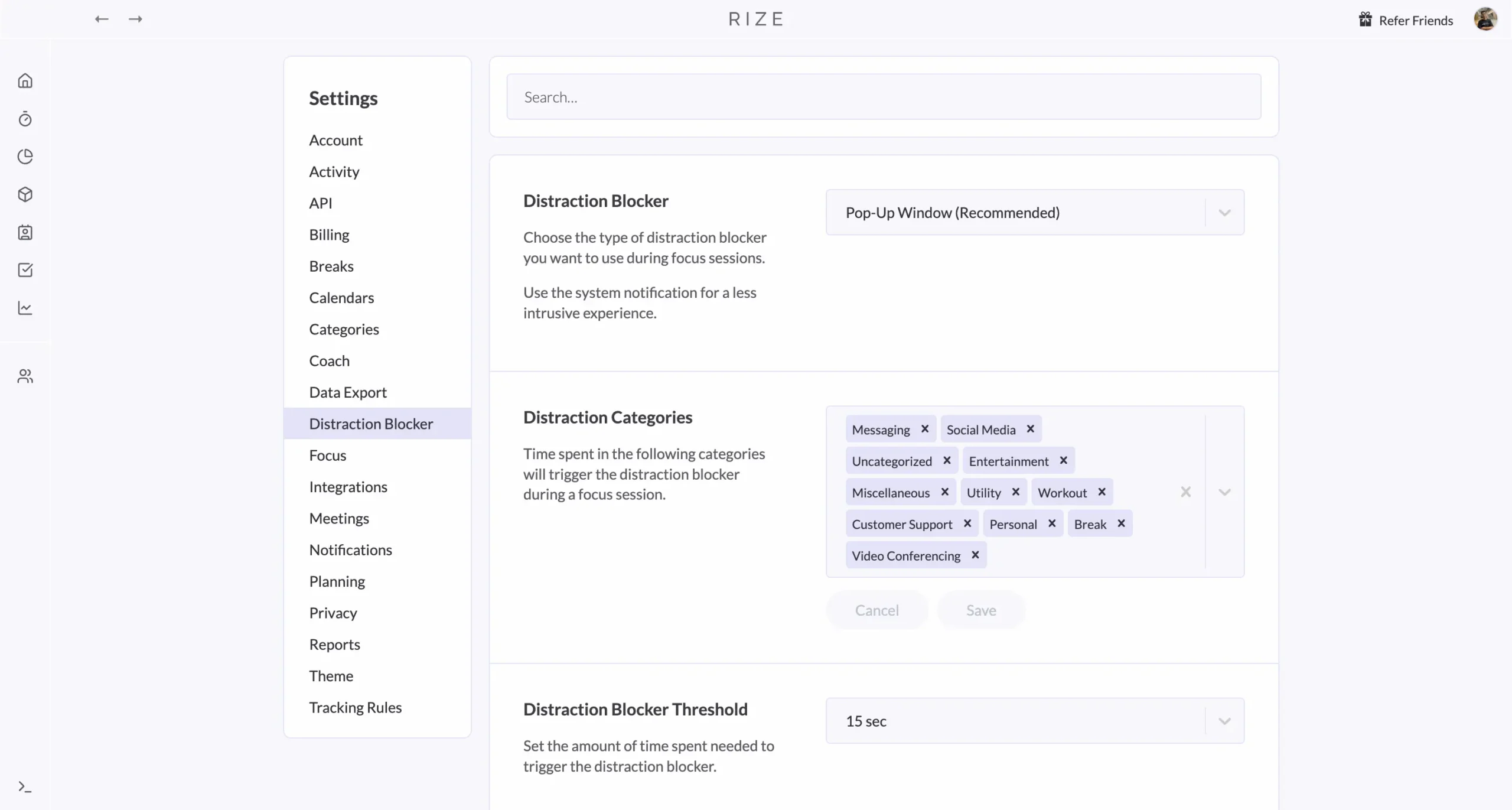 Distraction Blocker settings in Rize