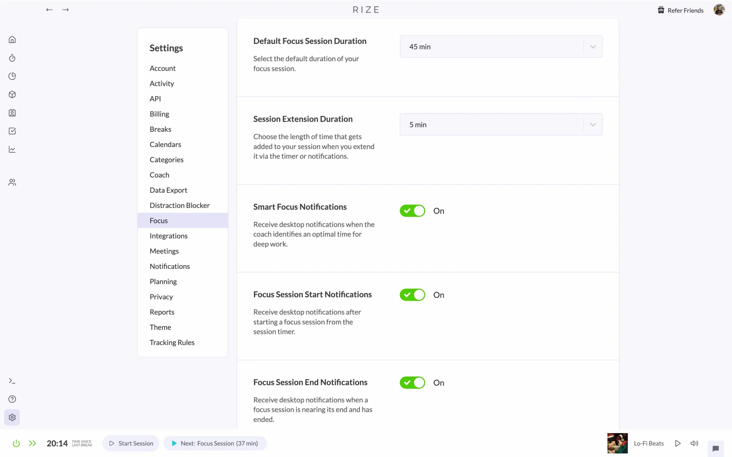 Focus sessions duration and notification settings