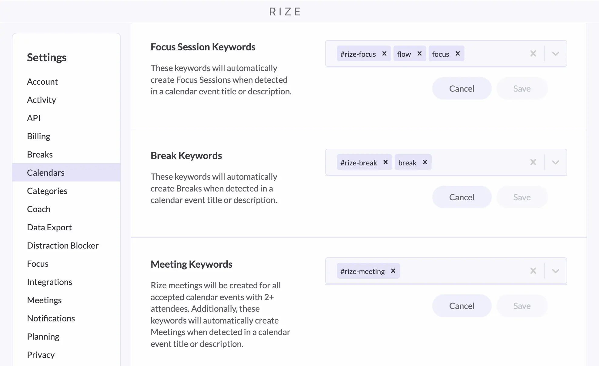 Keywords in Rize meetings
