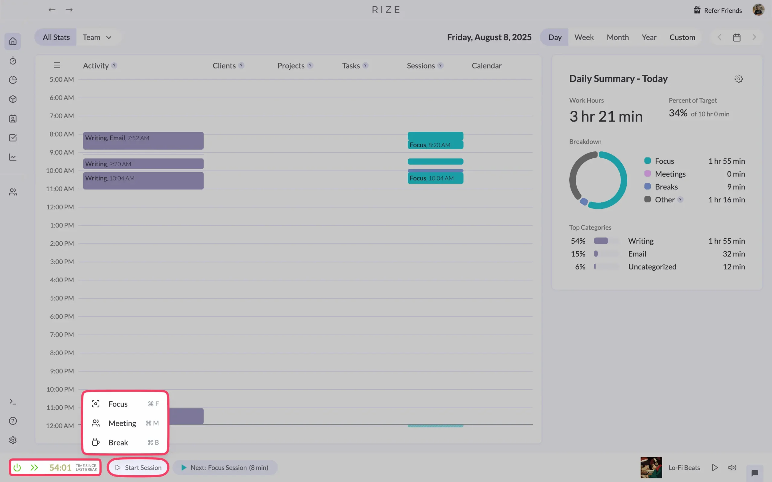 Rize's automatic and manual time tracking features