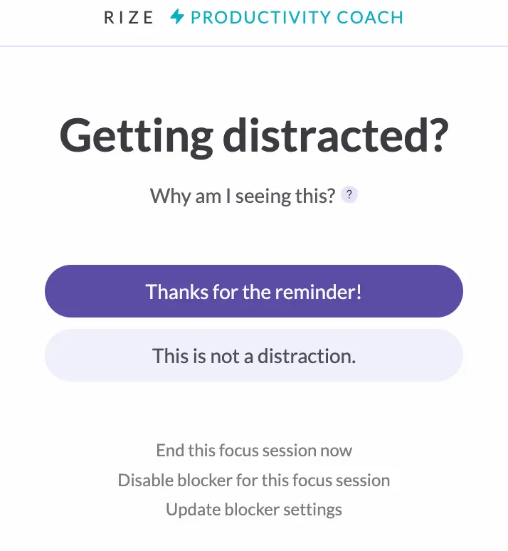 Rize's distraction blocker popup