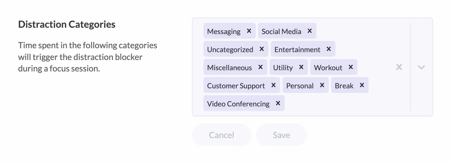 Setting distraction categories in Rize