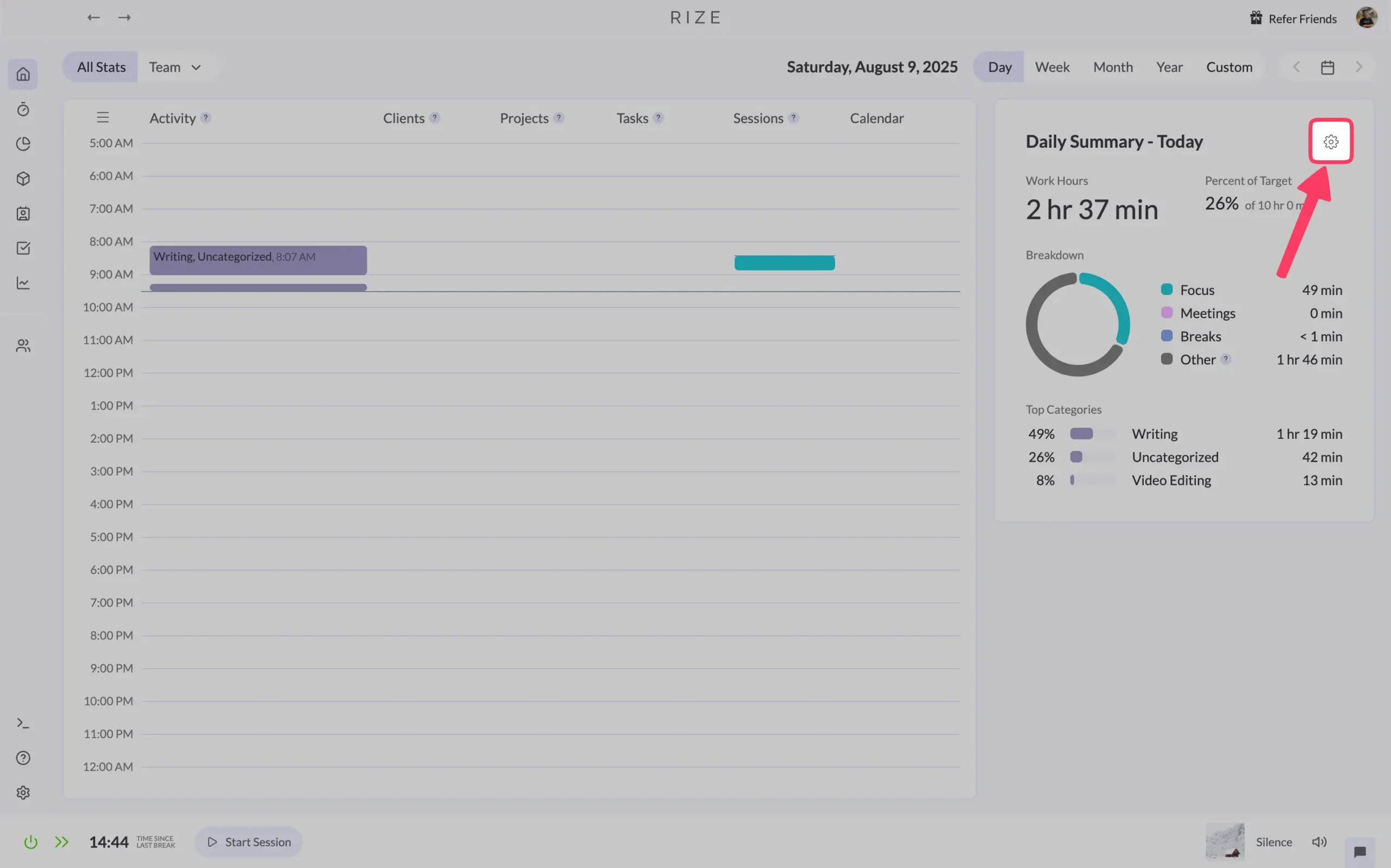 Settings icon on Rize dashboard
