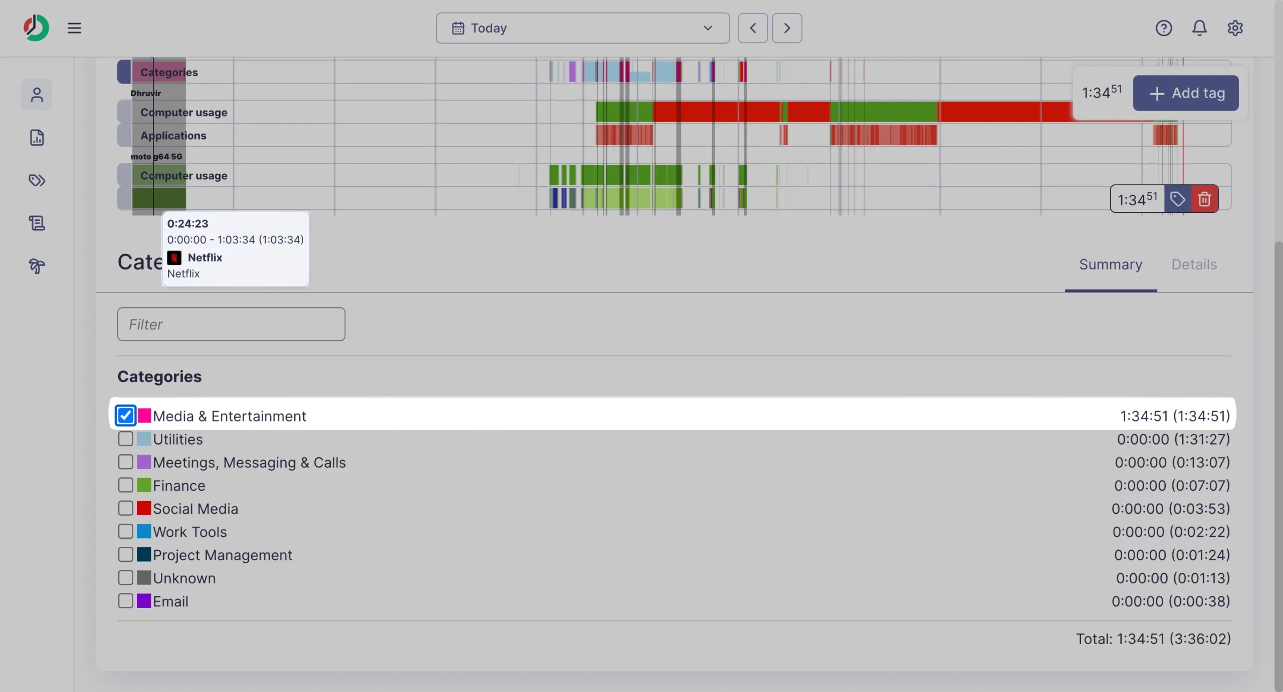 Automatic broad level categorization in ManicTime