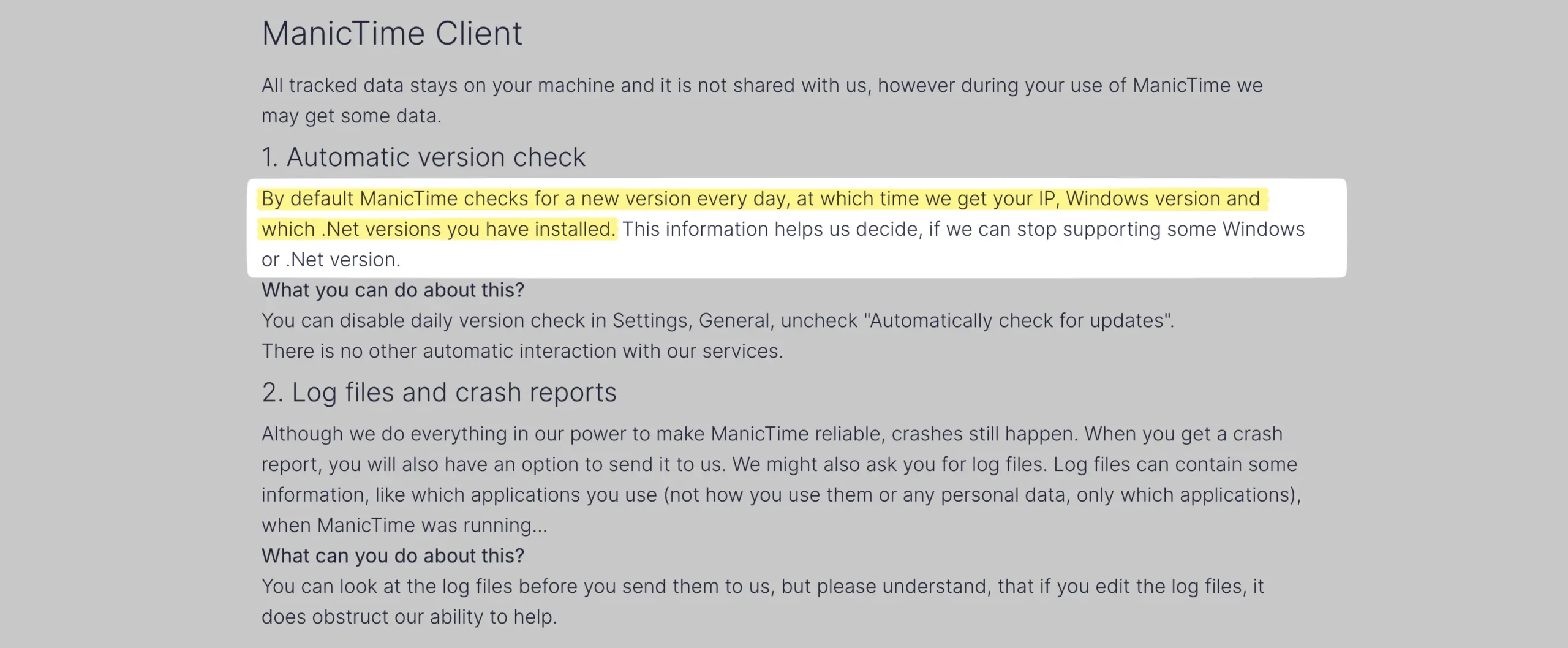 Automatic version check in ManicTime