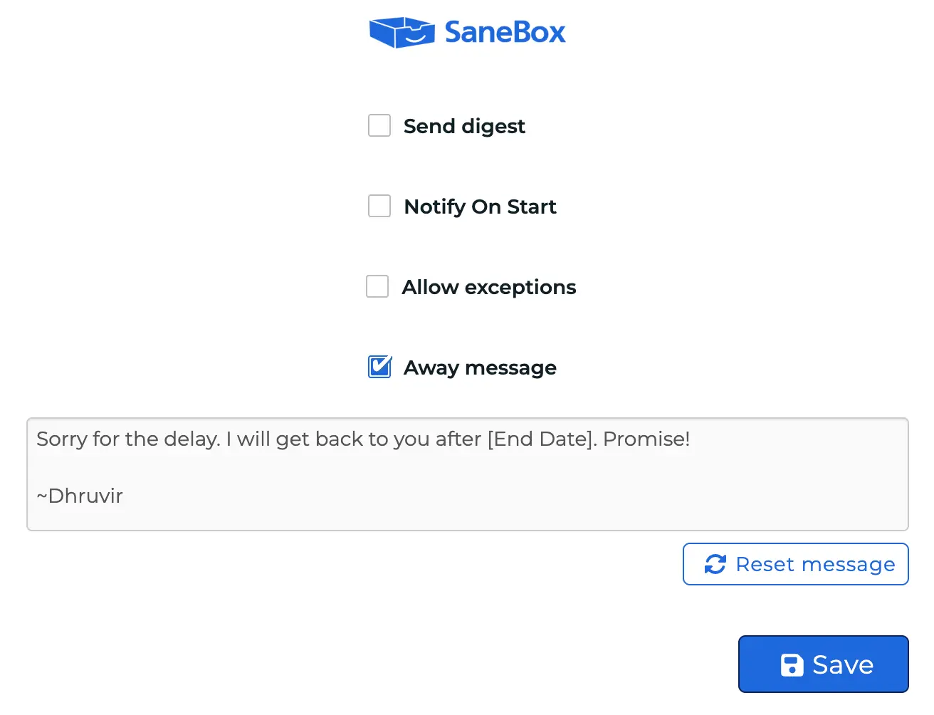 Away Message in Sane DoNotDisturb