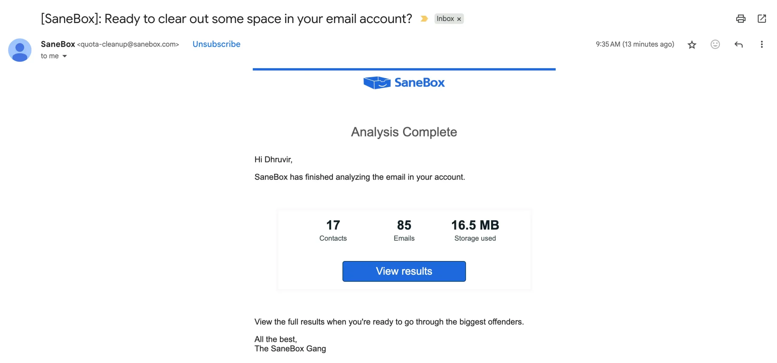 Deep Clean analysis summary email by SaneBox