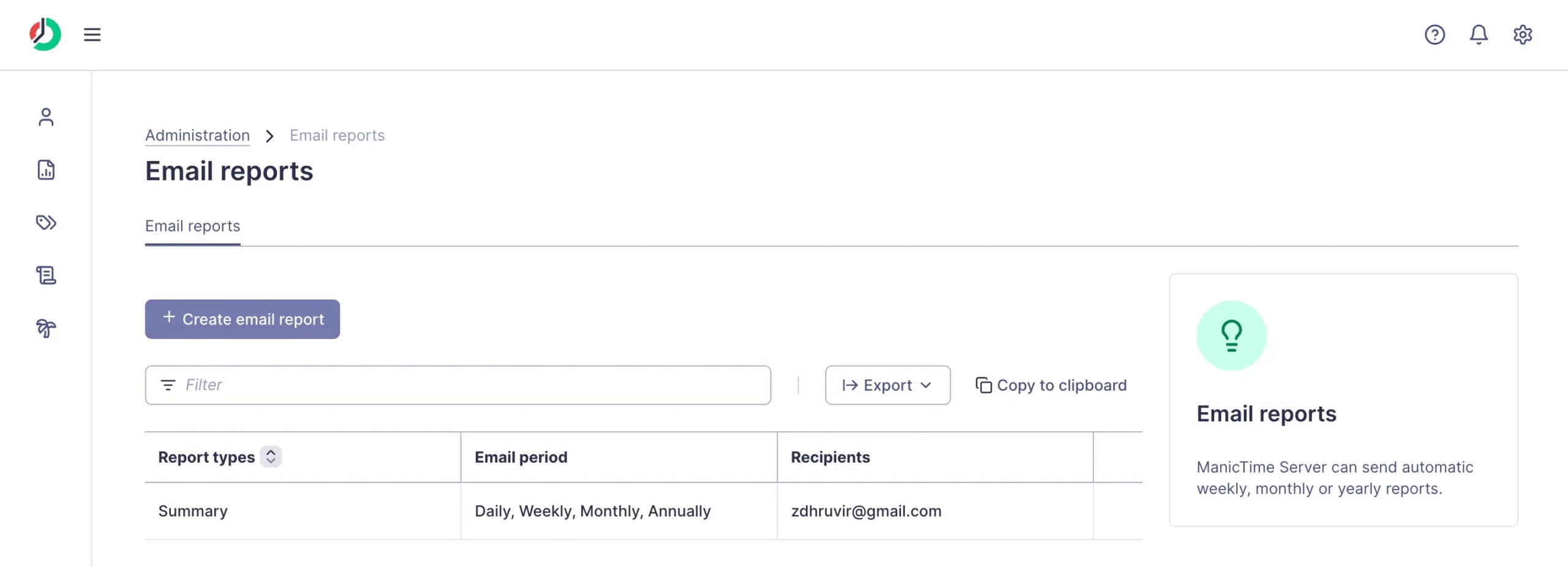Email reports settings in ManicTime