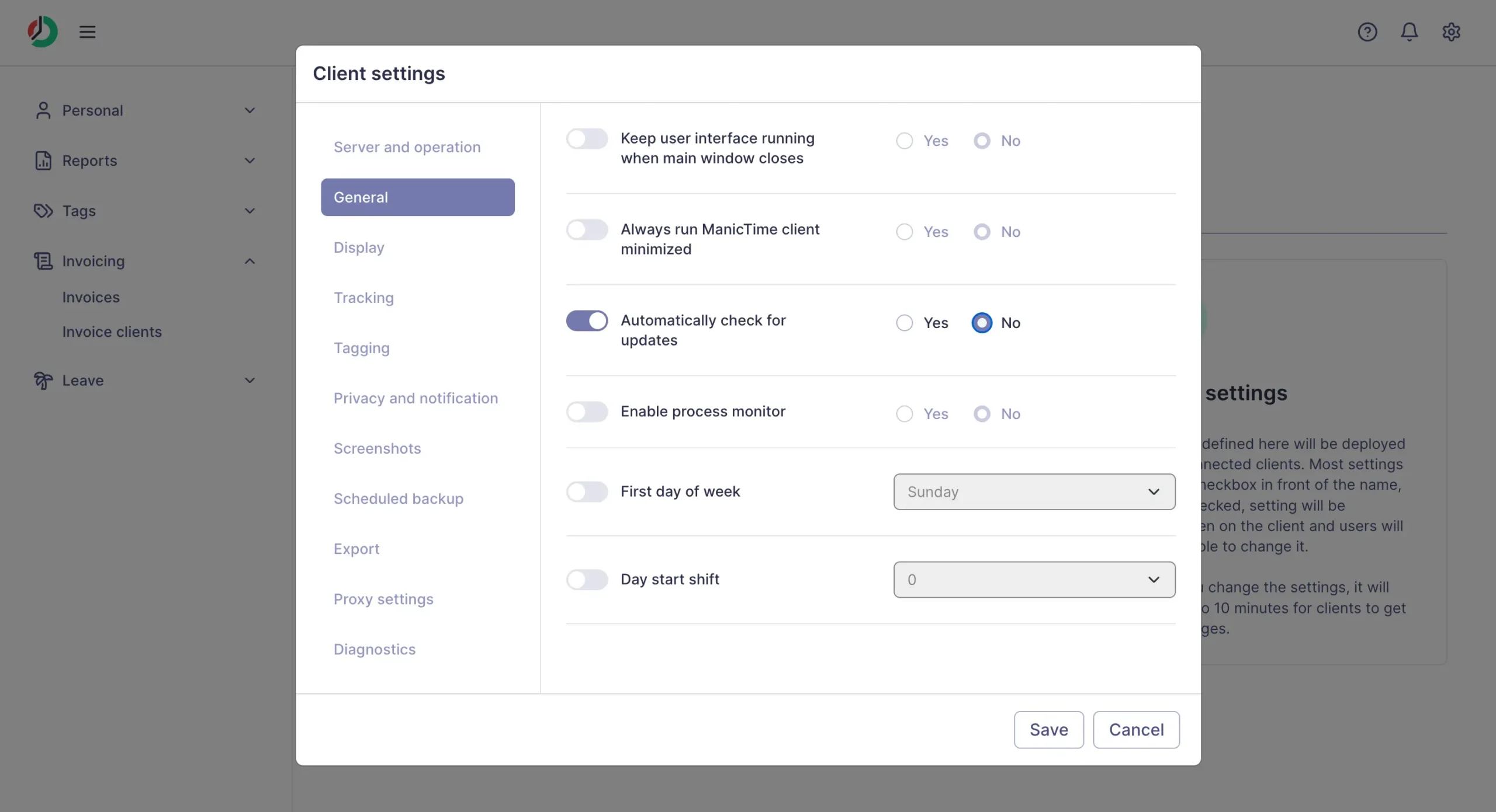 Enabling or disabling automatically checking for updates in ManicTime