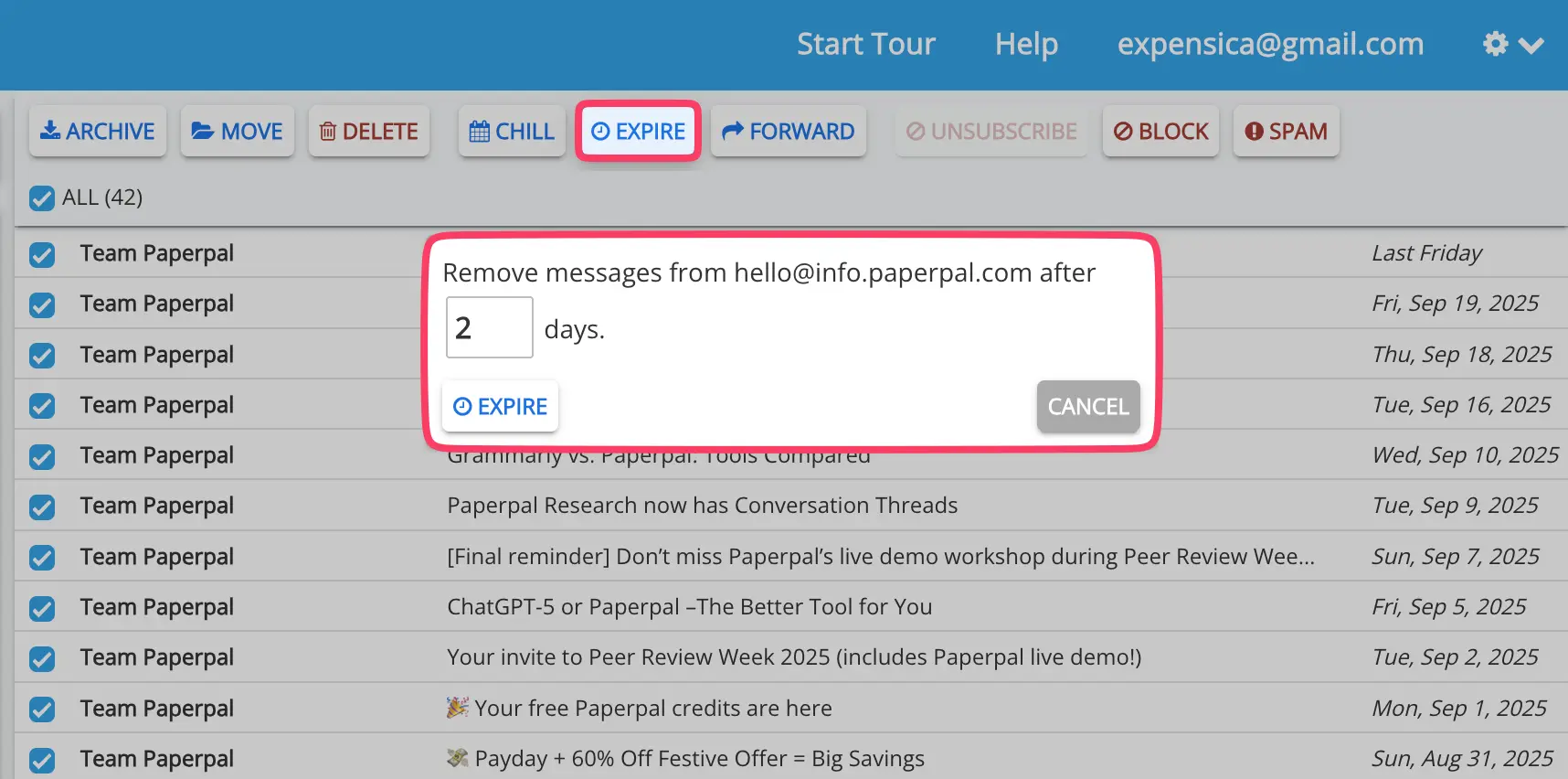 Expire feature in Mailstrom