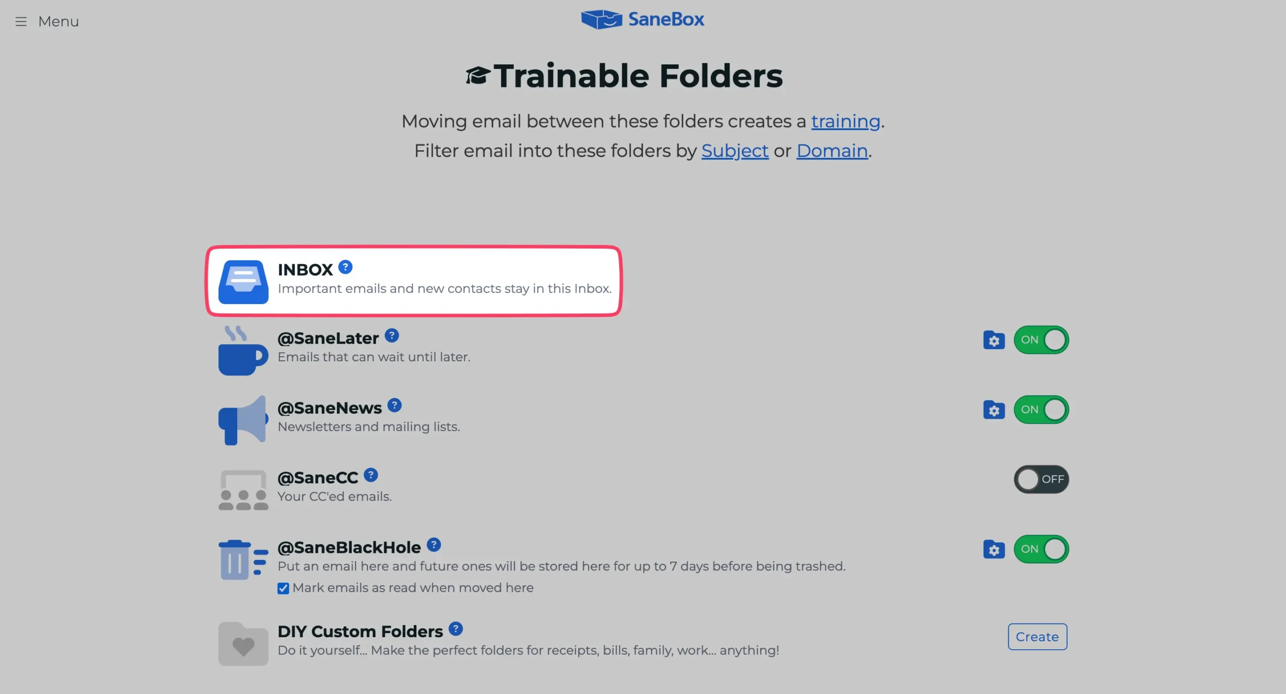Inbox folder in SaneBox
