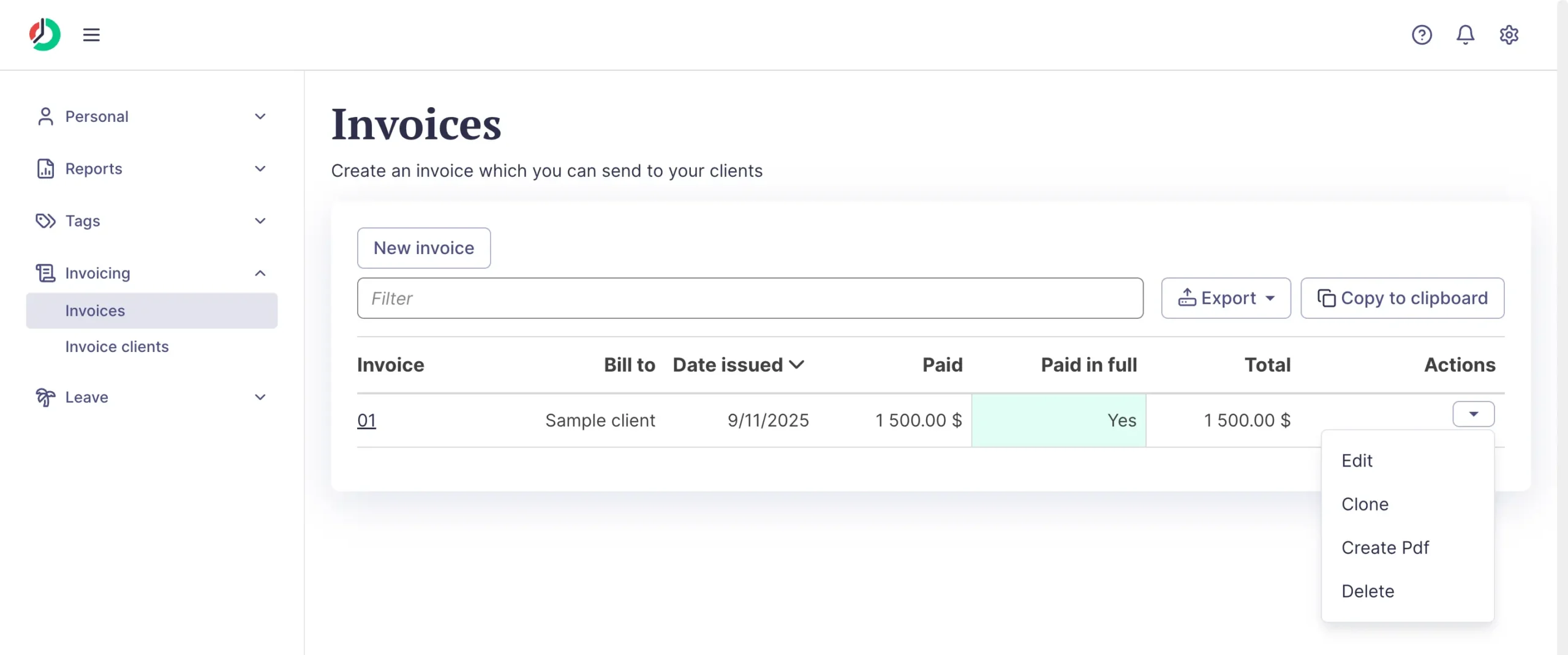 Paid invoices in ManicTime