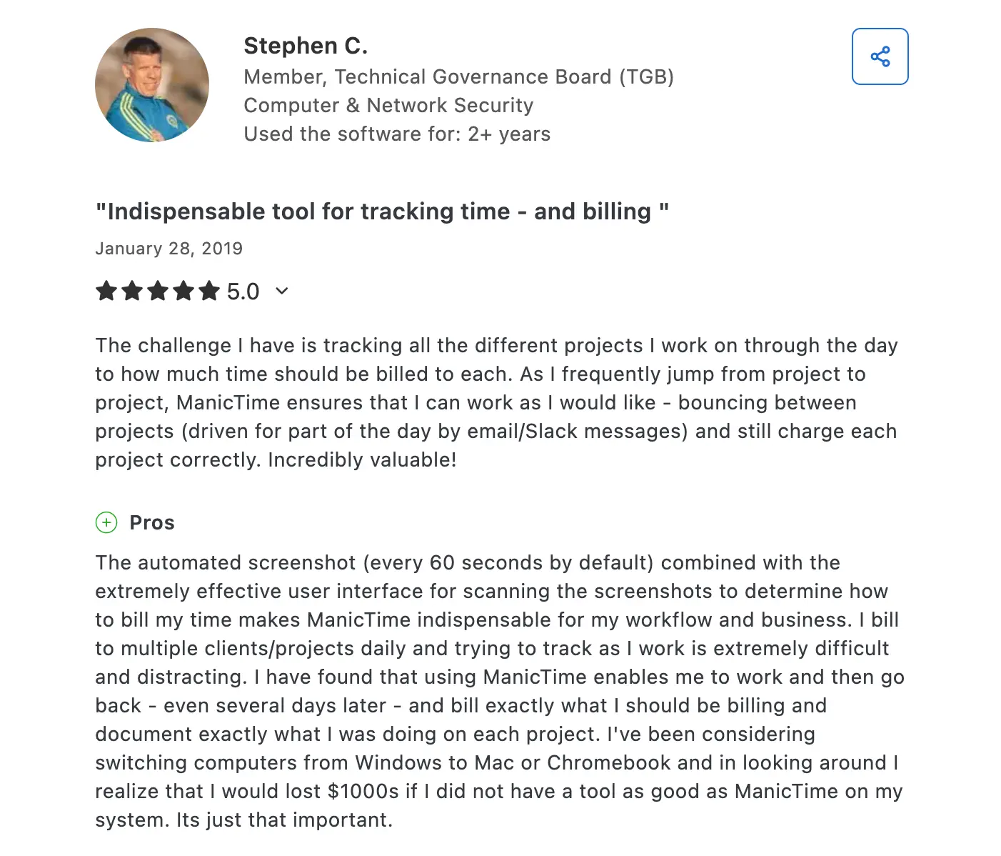 Positive testimonial for ManicTime