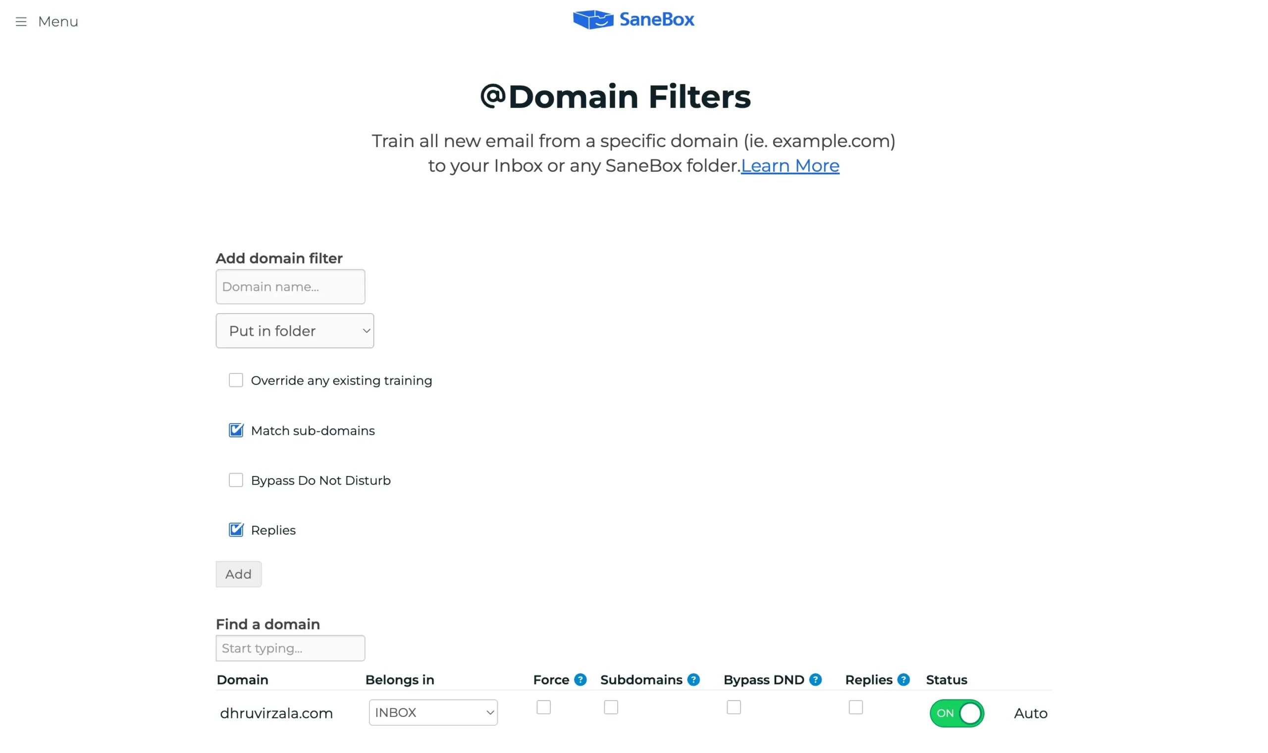 SaneBox Domain Filters