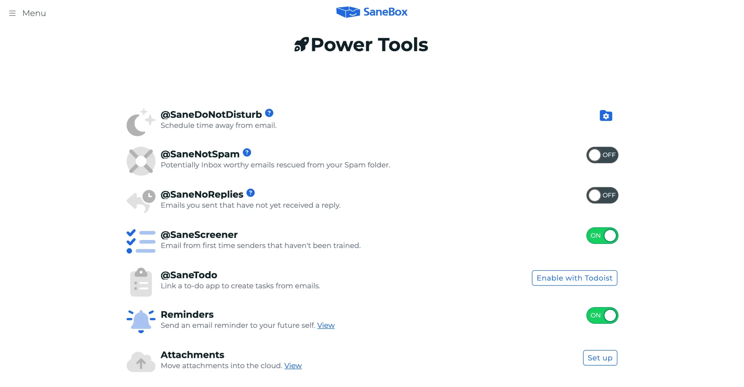 SaneScreener in SaneBox