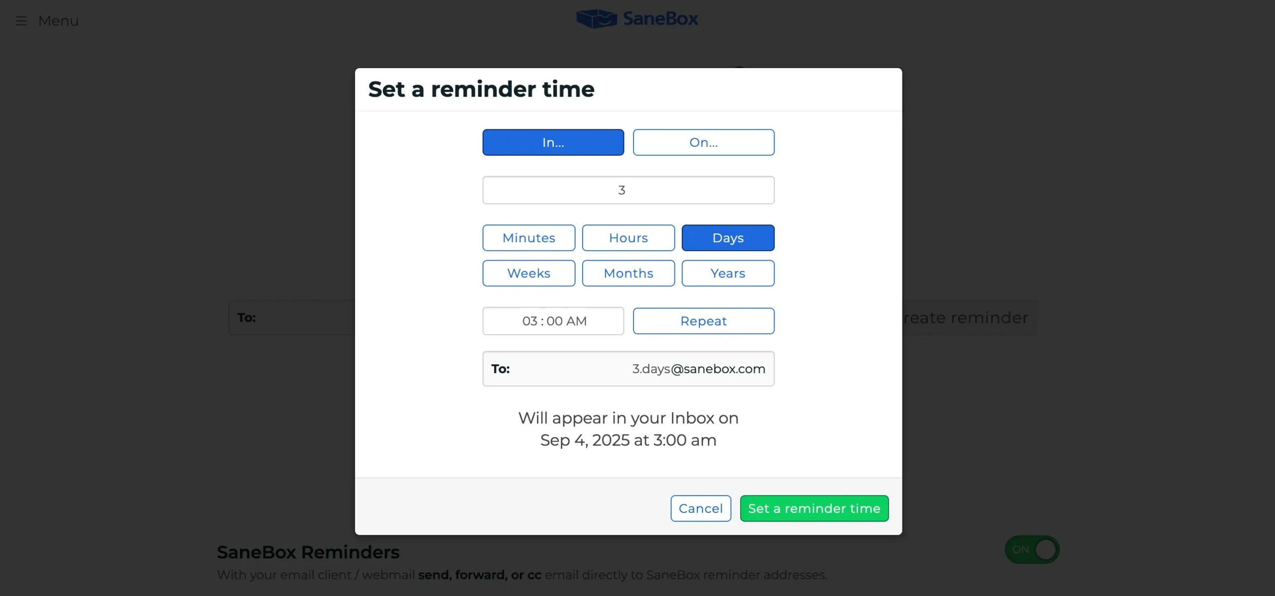 Setting a reminder in SaneBox