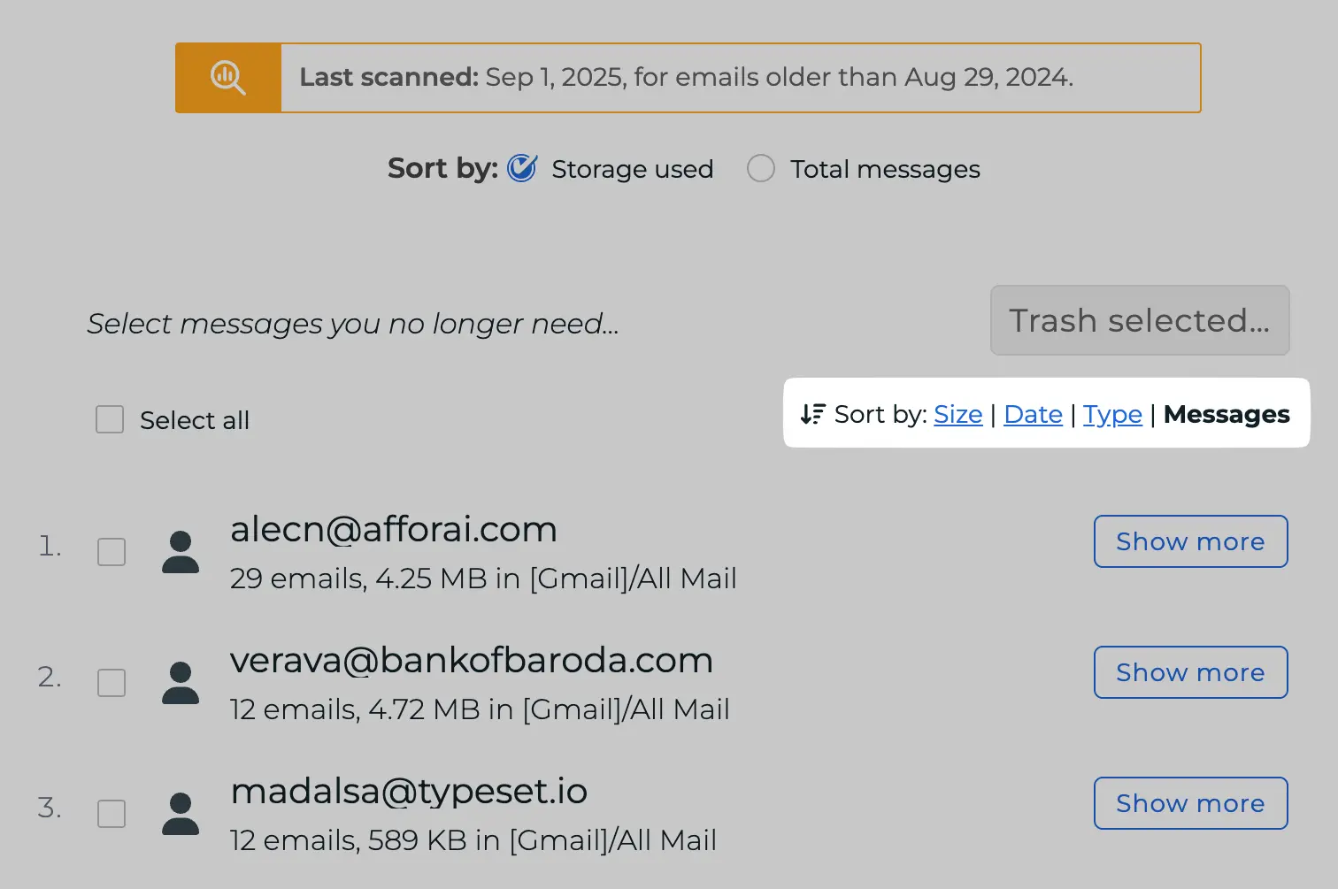 Sorting options in SaneBox's Deep Clean feature