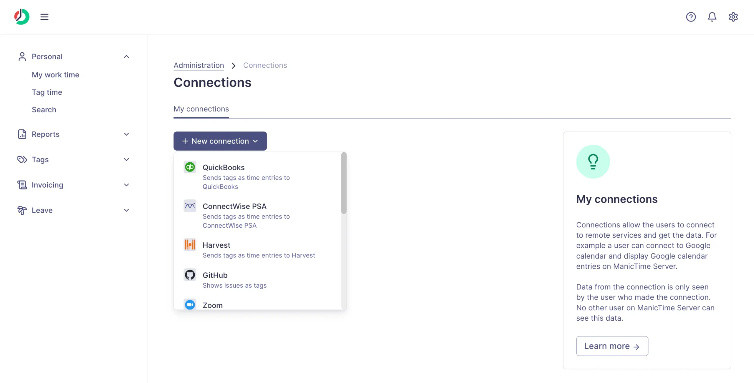 Third-party connections in ManicTime