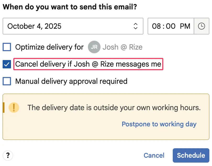 Automatically email conditional cancellation feature in Mailbutler
