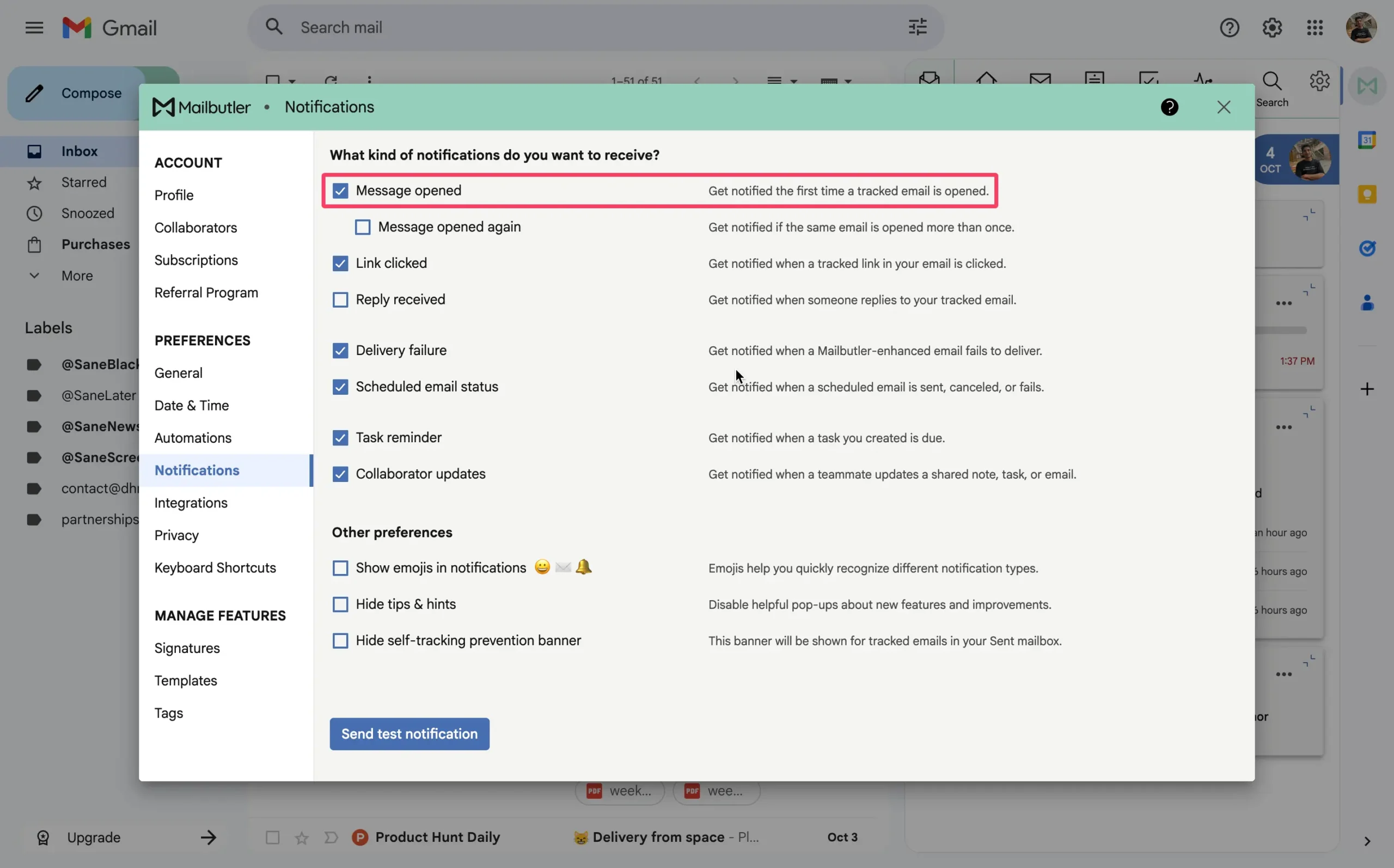 Email open notifications in Mailbutler