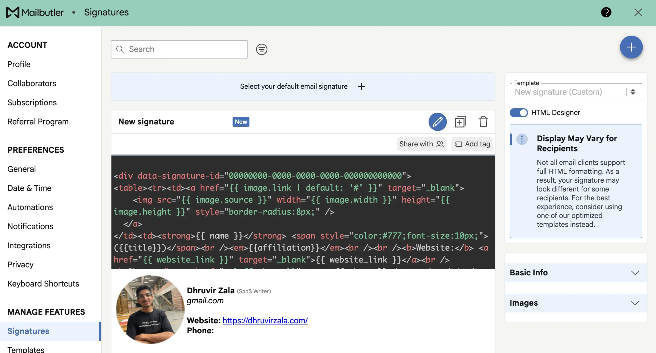 Email signature HTML designer in Mailbutler