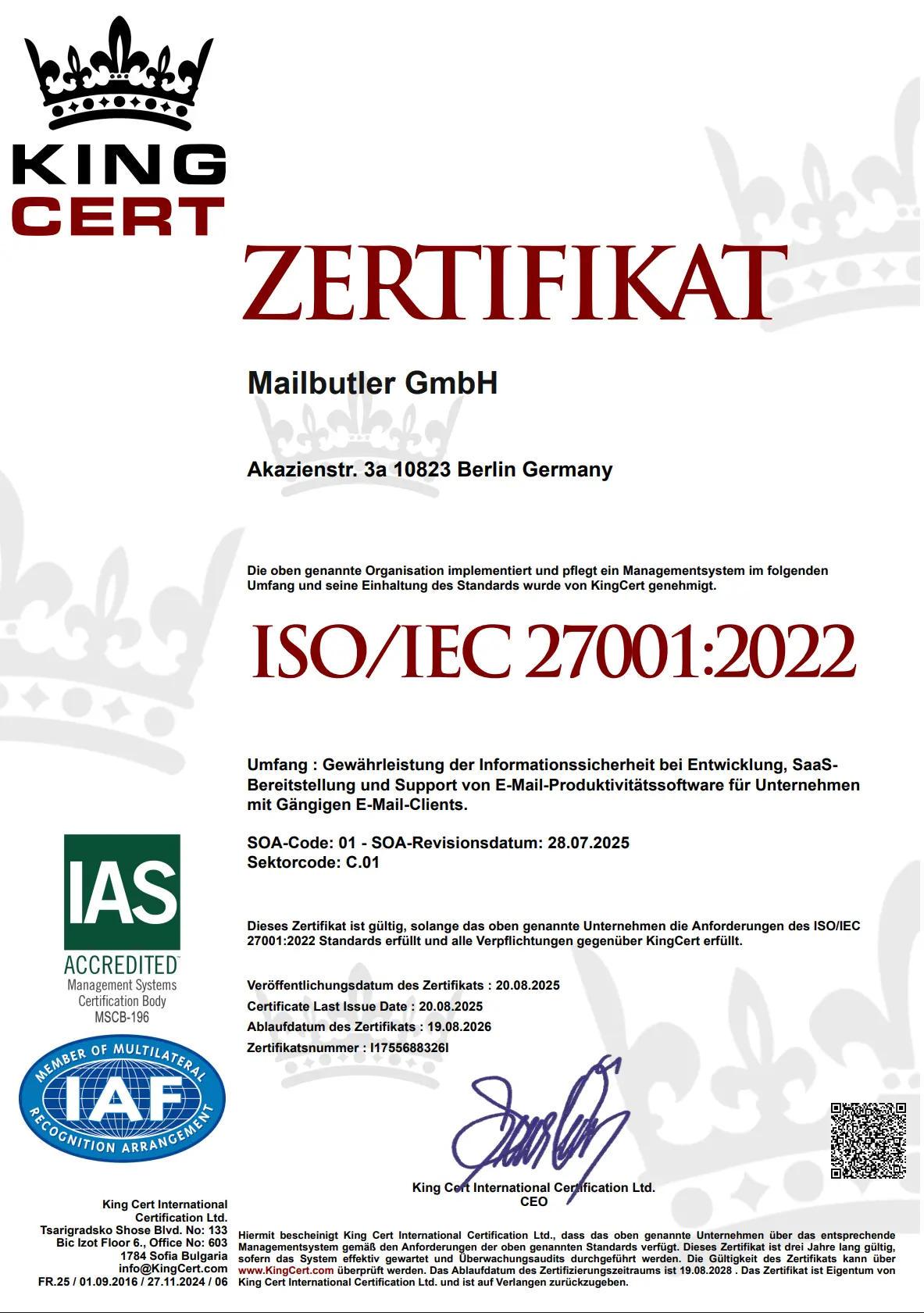 Mailbutler ISO certificate