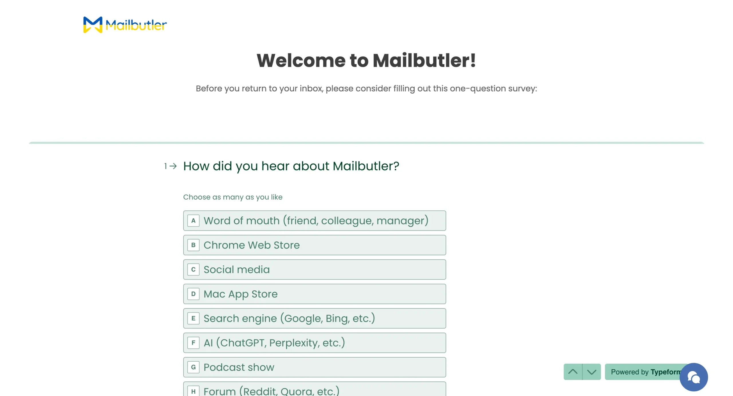 Mailbutler welcome page and a short quiz