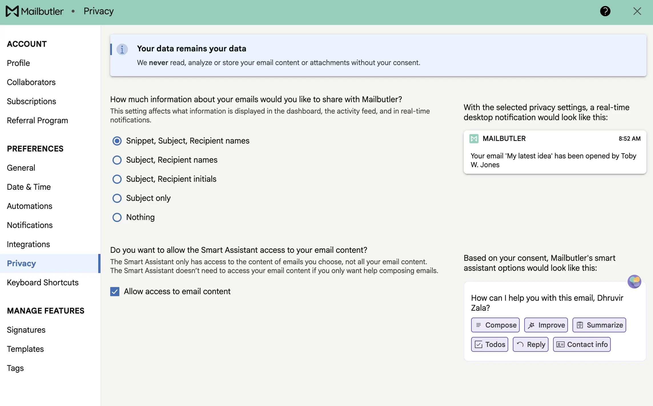 Privacy settings in Mailbutler
