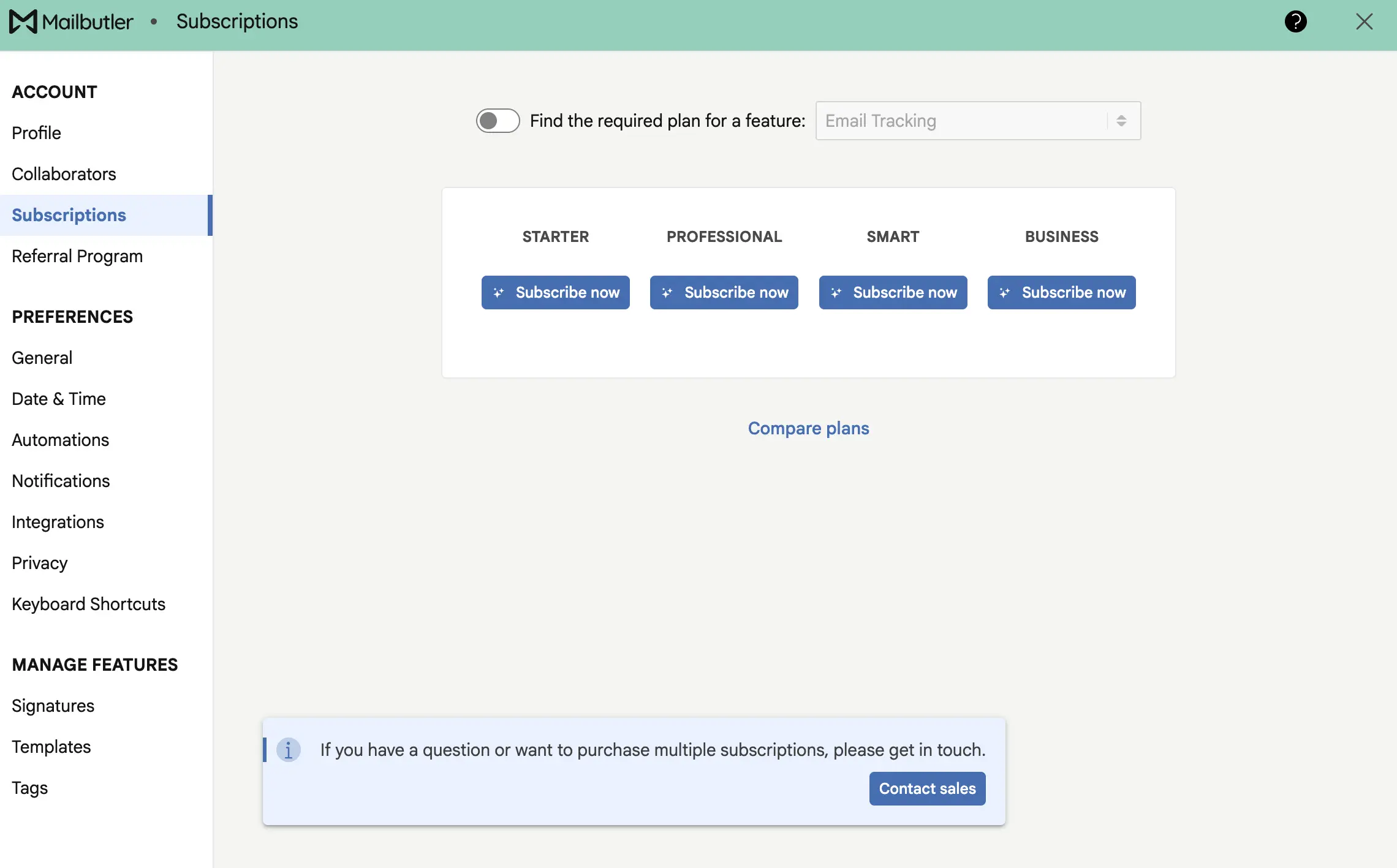 Subscription options in Mailbutler