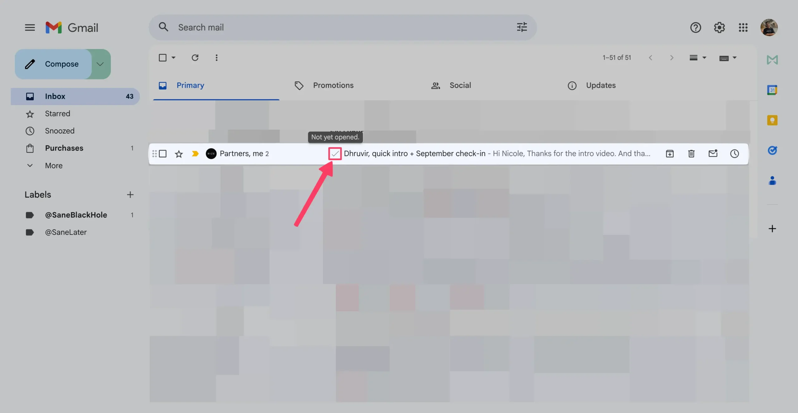 The tick mark in Mailbutler shows whether the email has been opened or not