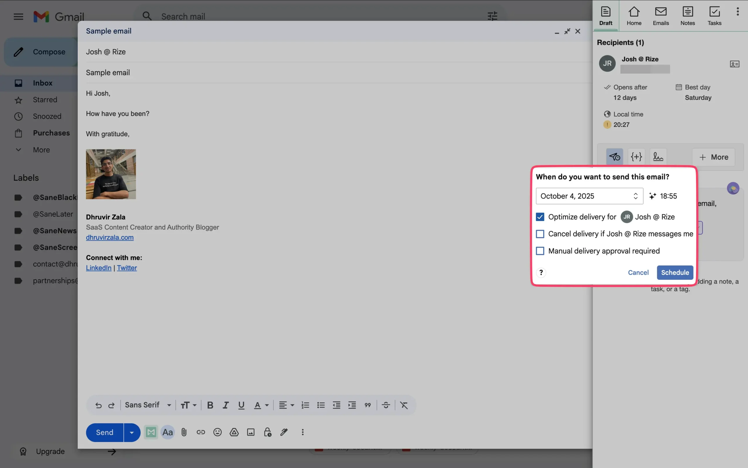 Using Mailbutler to automatically schedule the email at the best time of the day