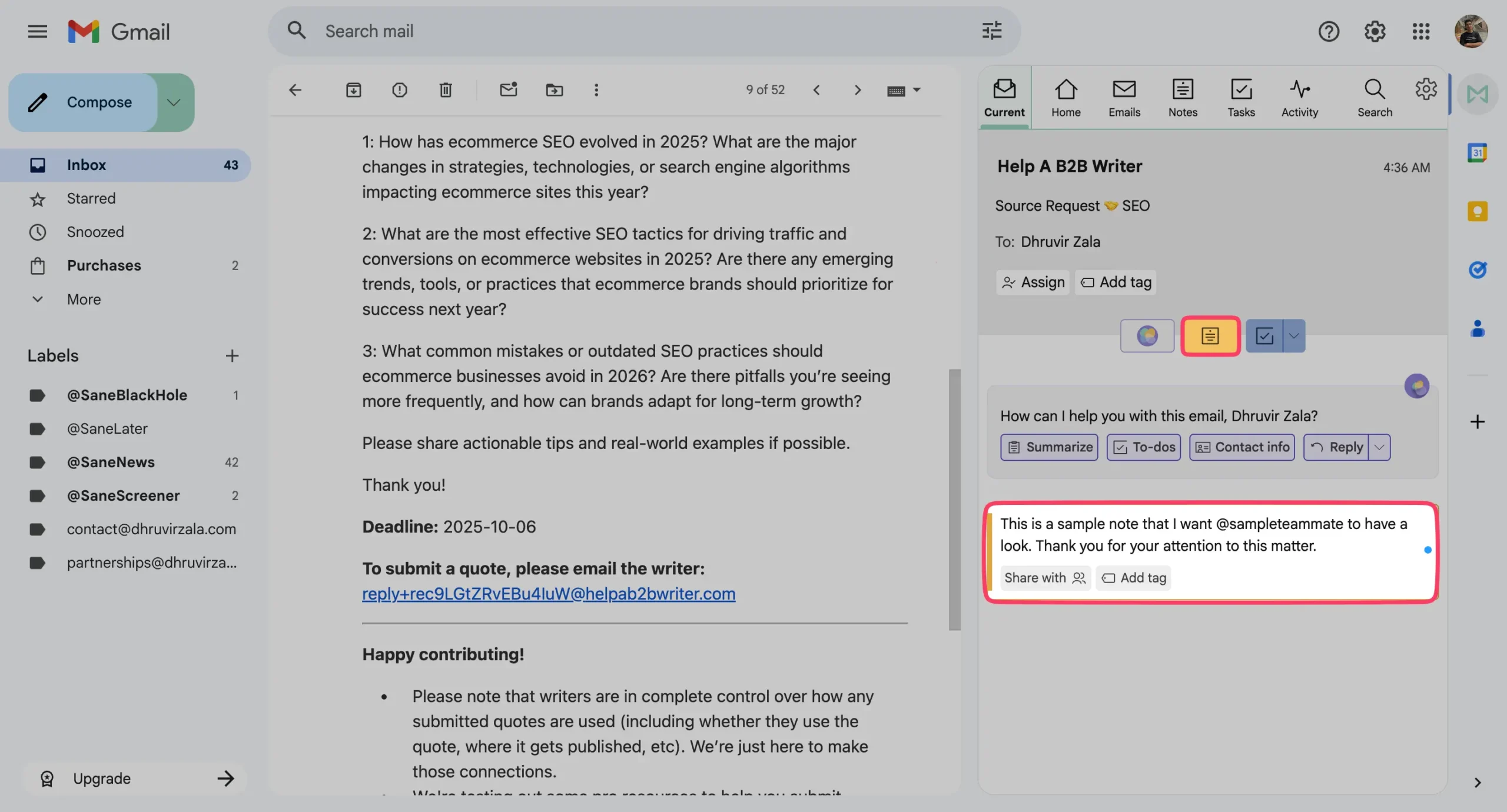Writing a note in an email and assigning it to a teammate to let them know with Mailbutler