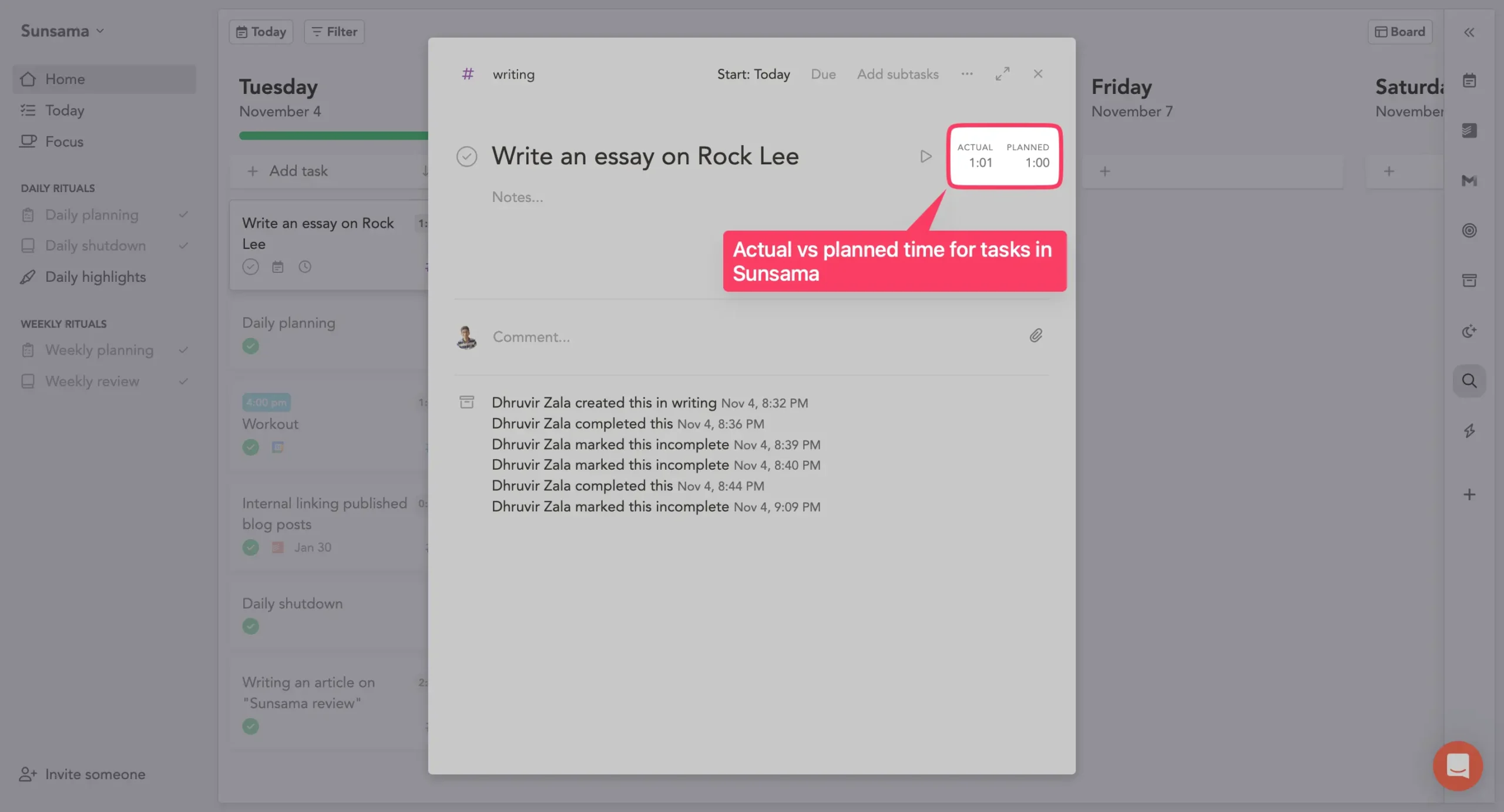 Actual vs planned time in Sunsama