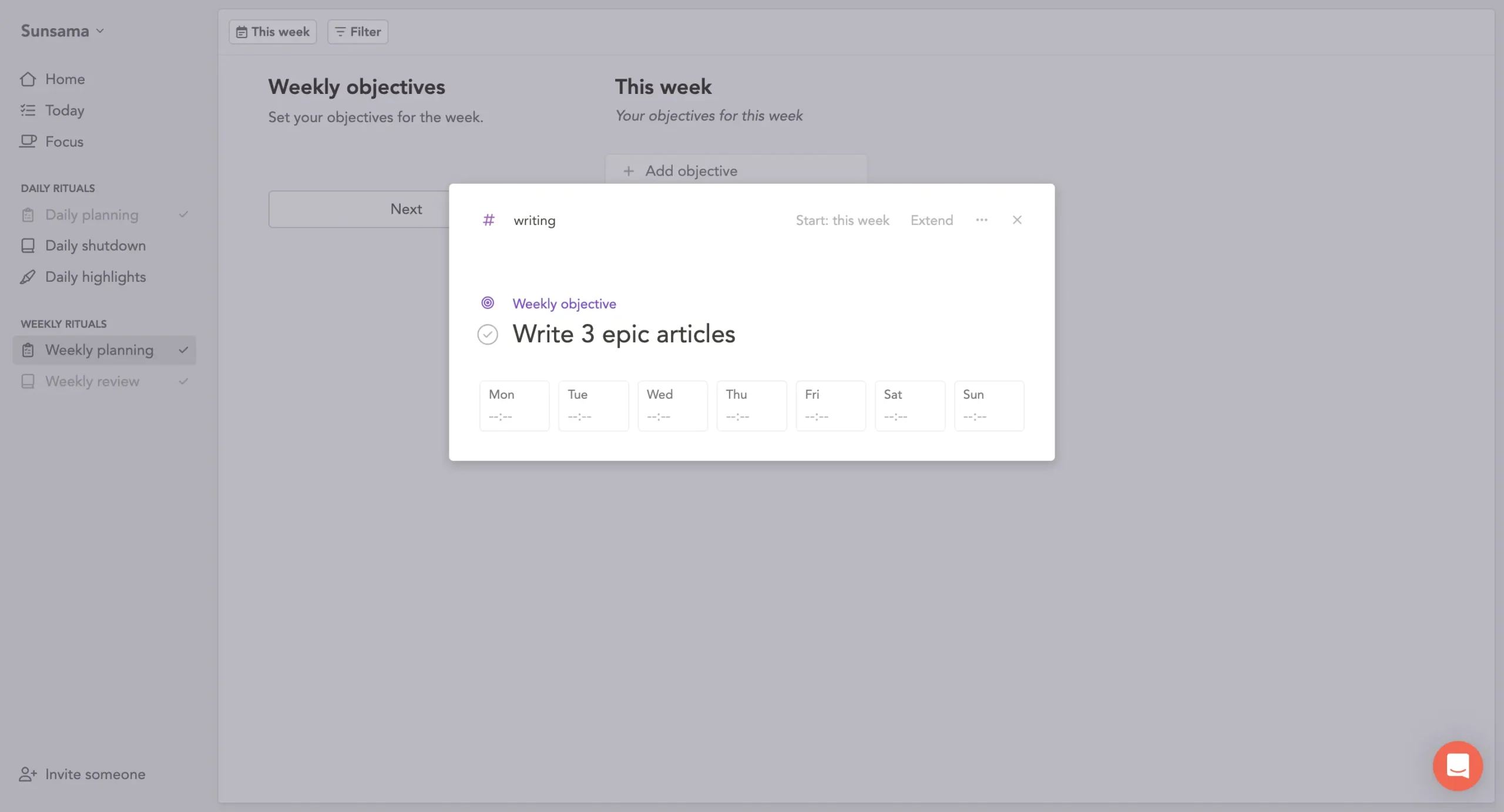Allocating time to each day in a weekly objective