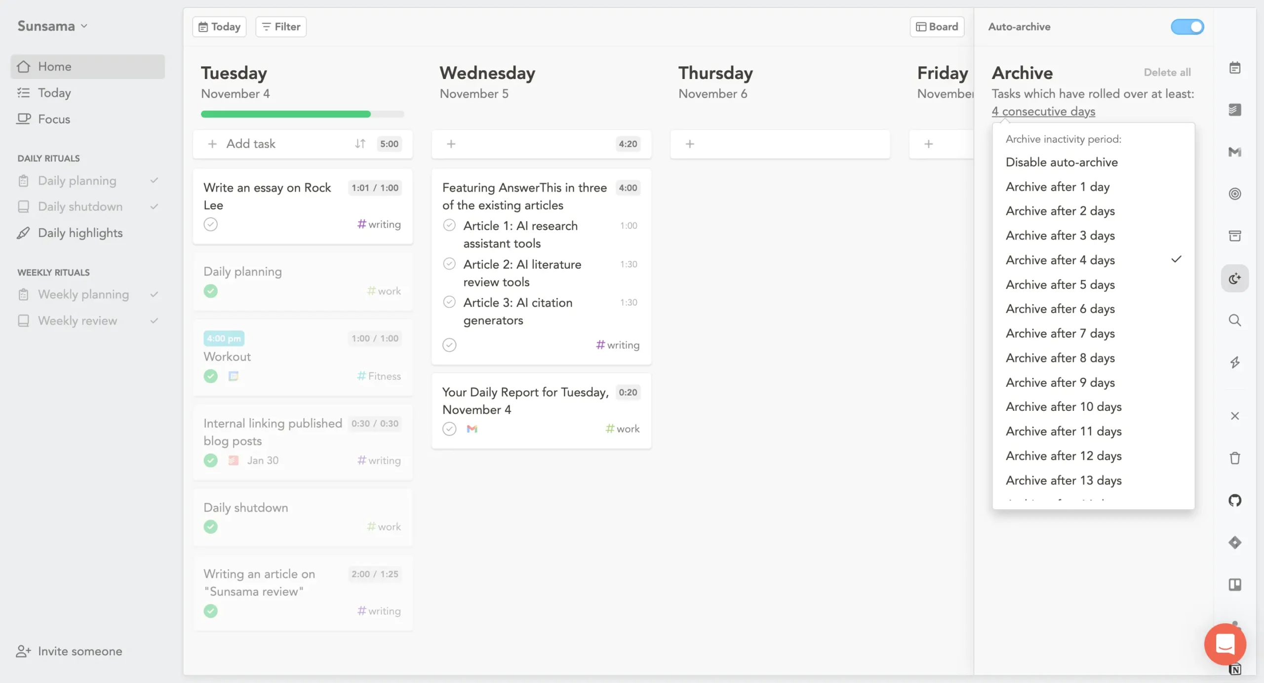 Archive feature in Sunsama