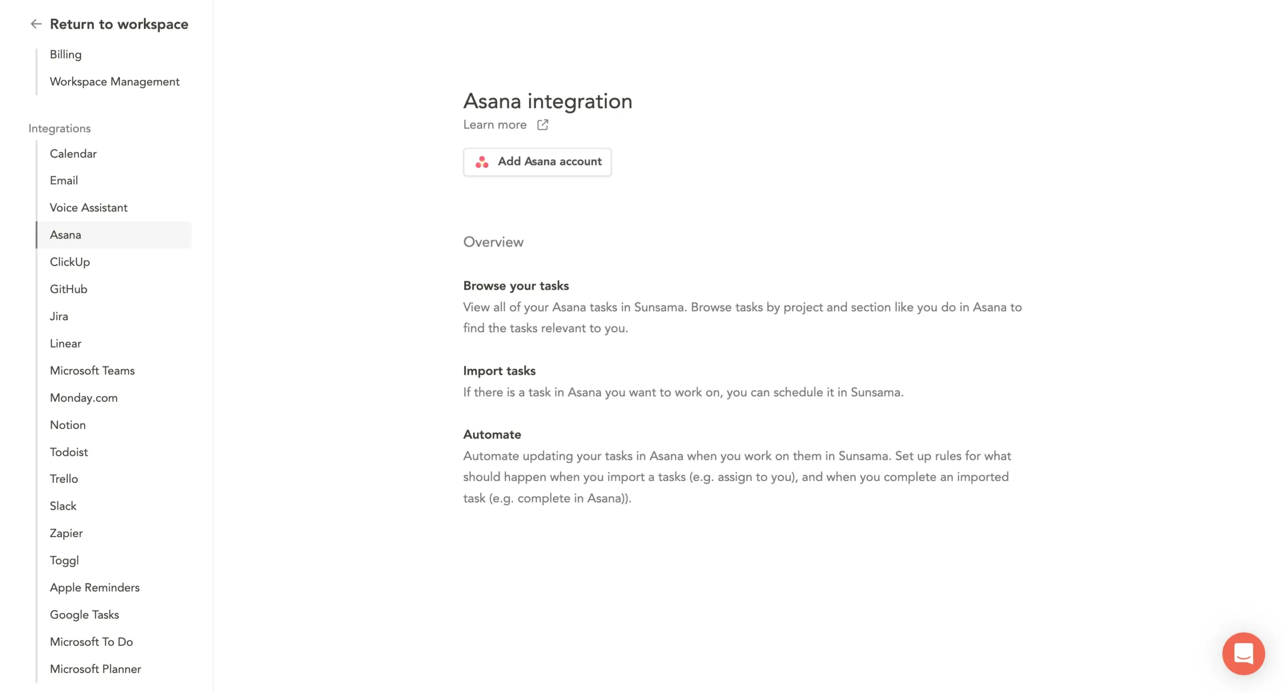 Asana integration in Sunsama