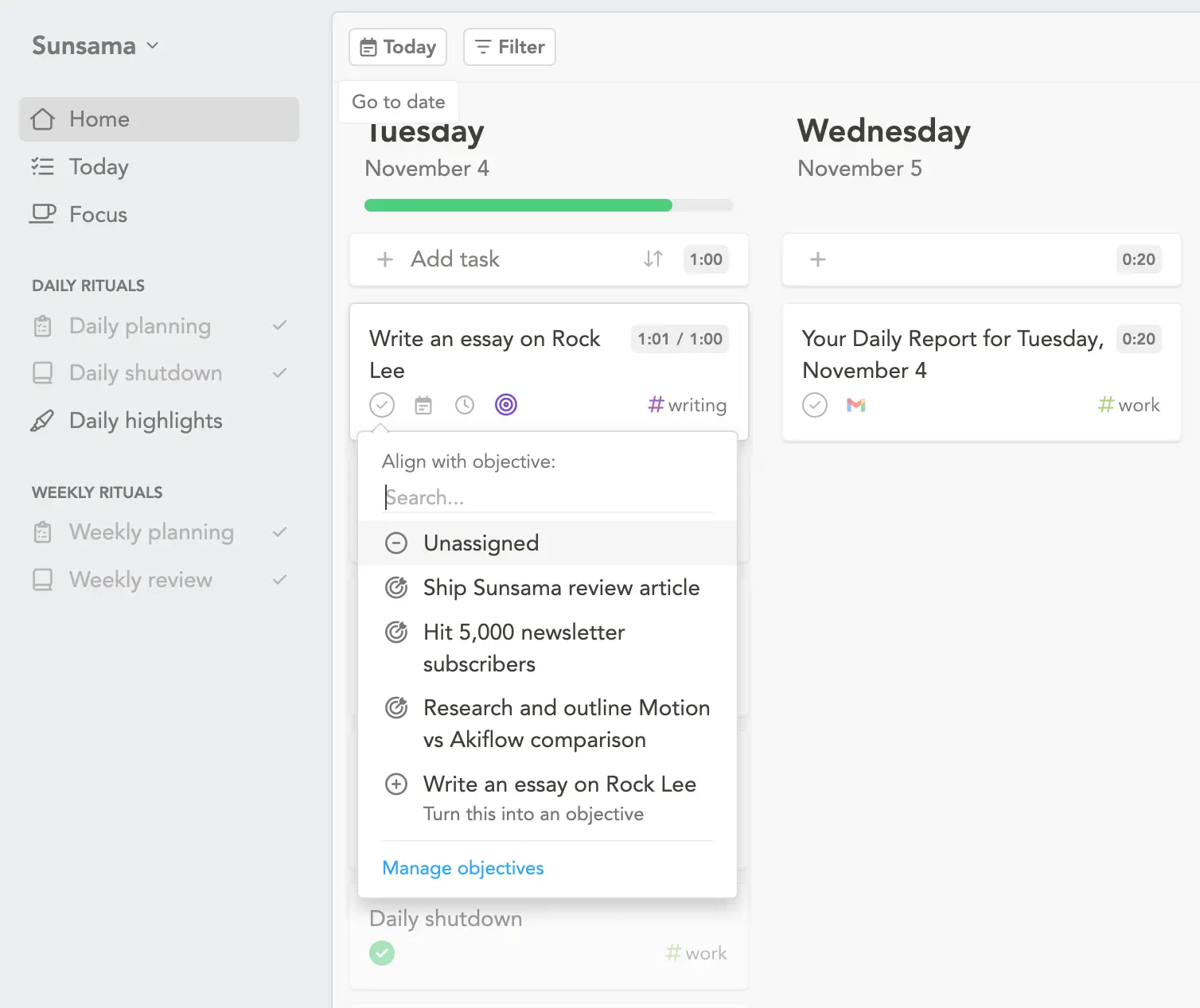 Assigning a weekly objective to a task