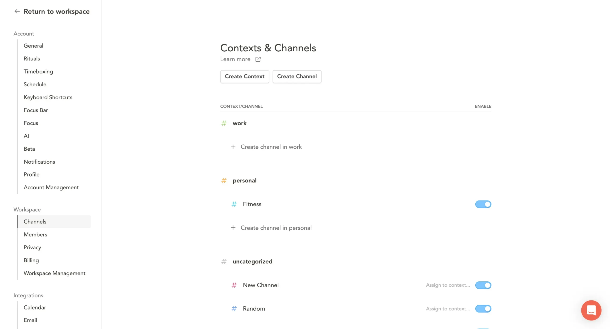 Channels and contexts in Sunsama