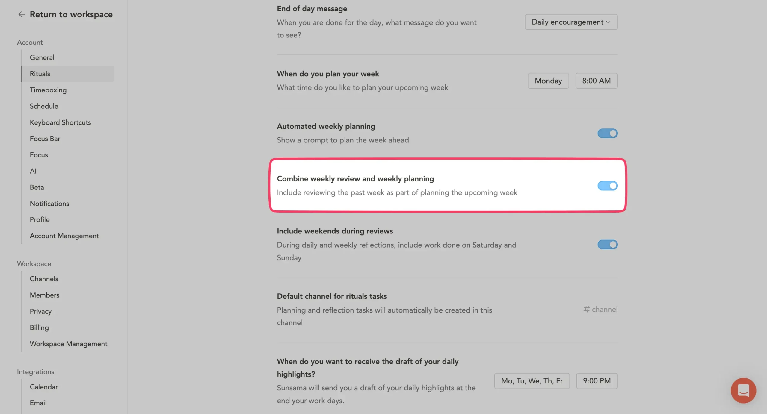 Combine weekly planning and weekly review in Sunsama