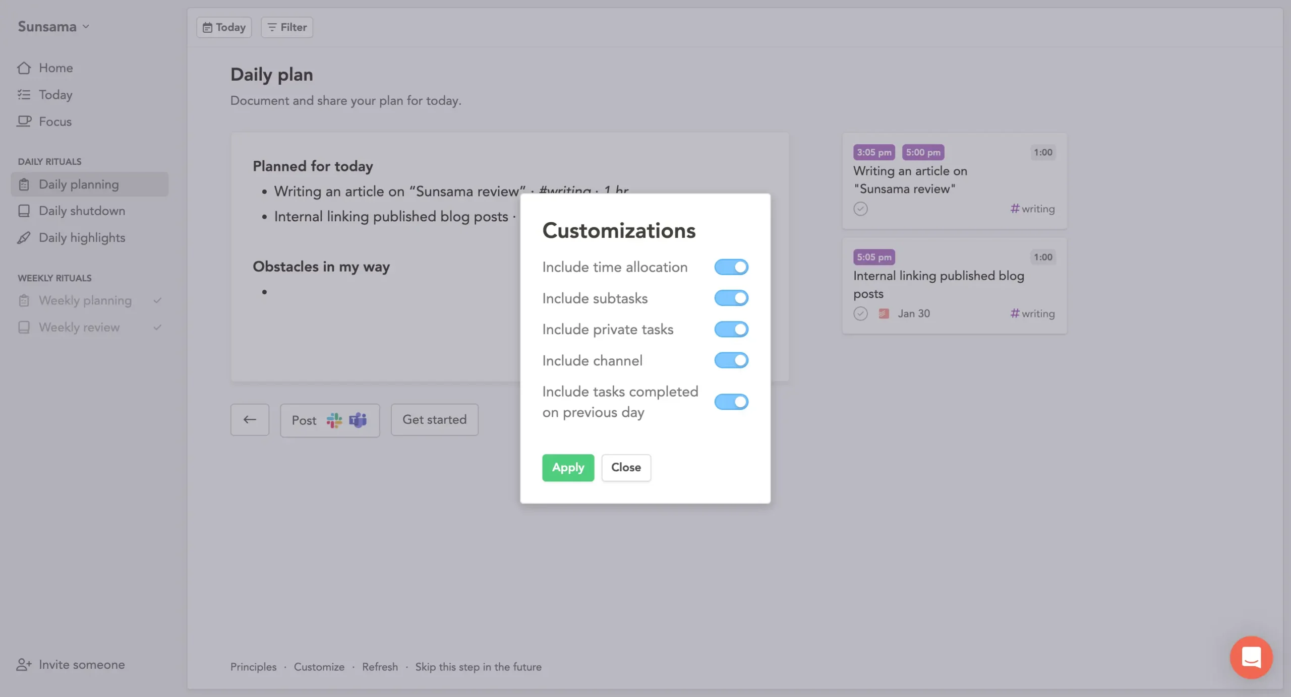 Customizations in daily planning in Sunsama