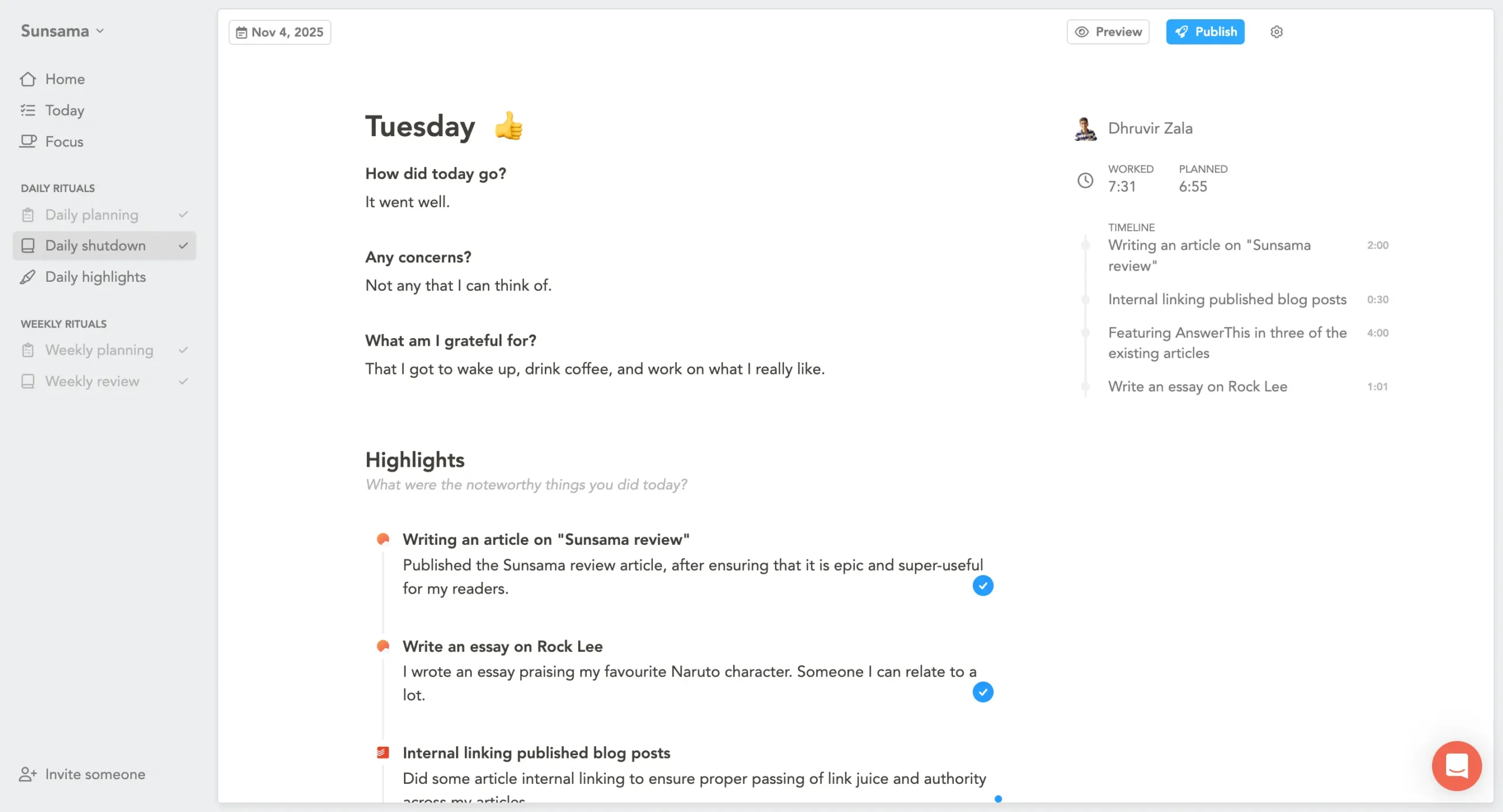Daily Highlights in Sunsama