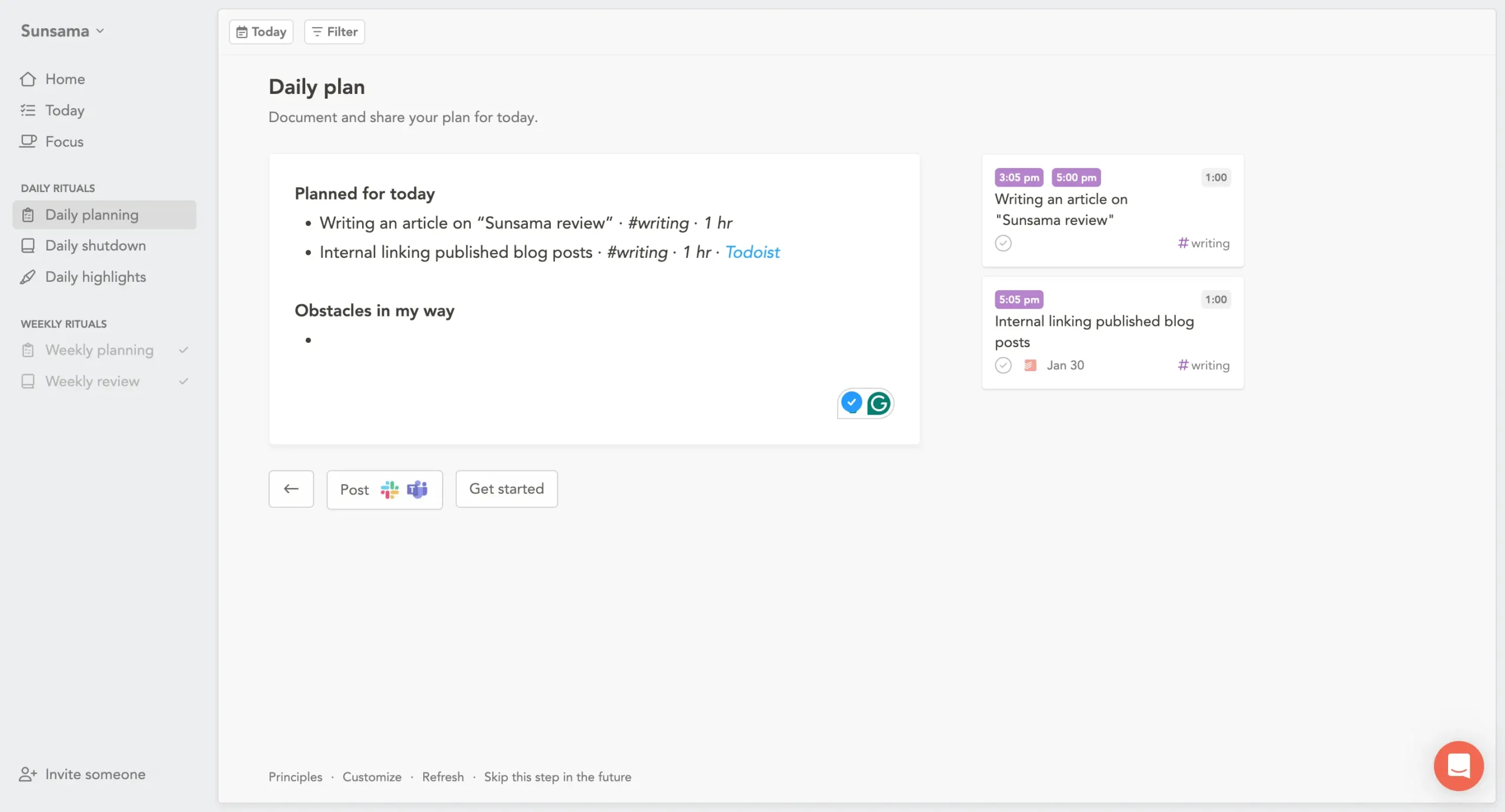 Daily plan journaling in Sunsama
