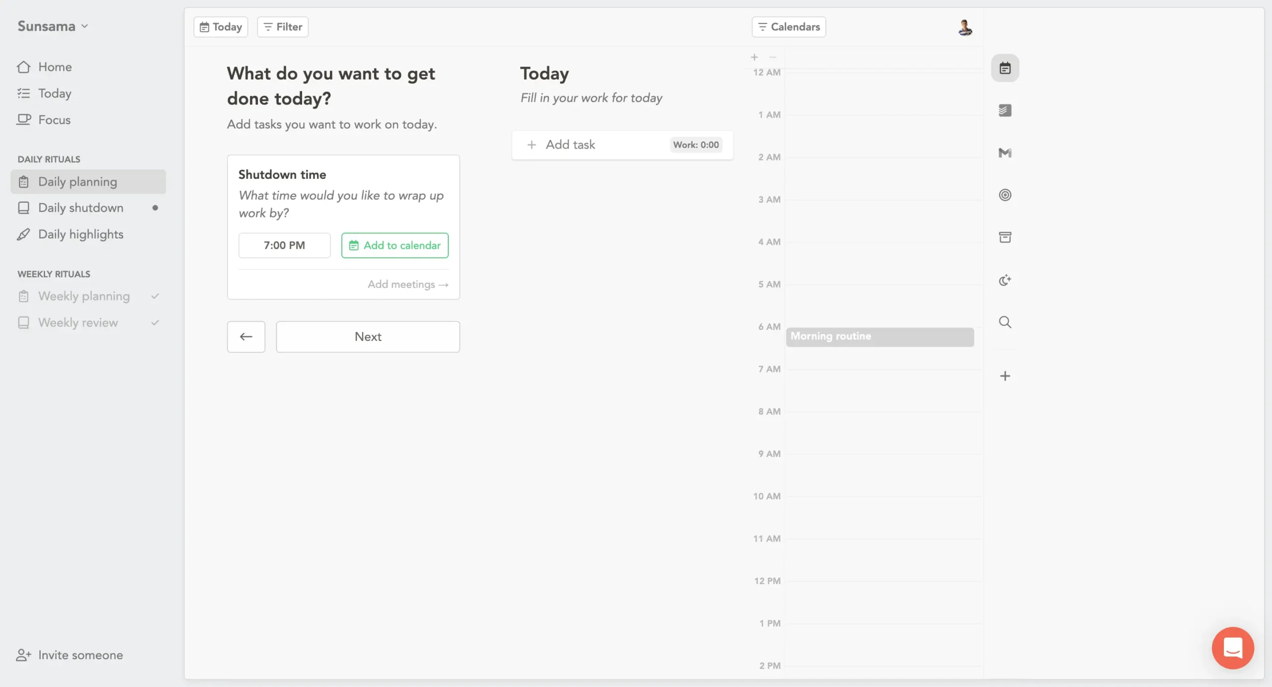 Daily planning in Sunsama