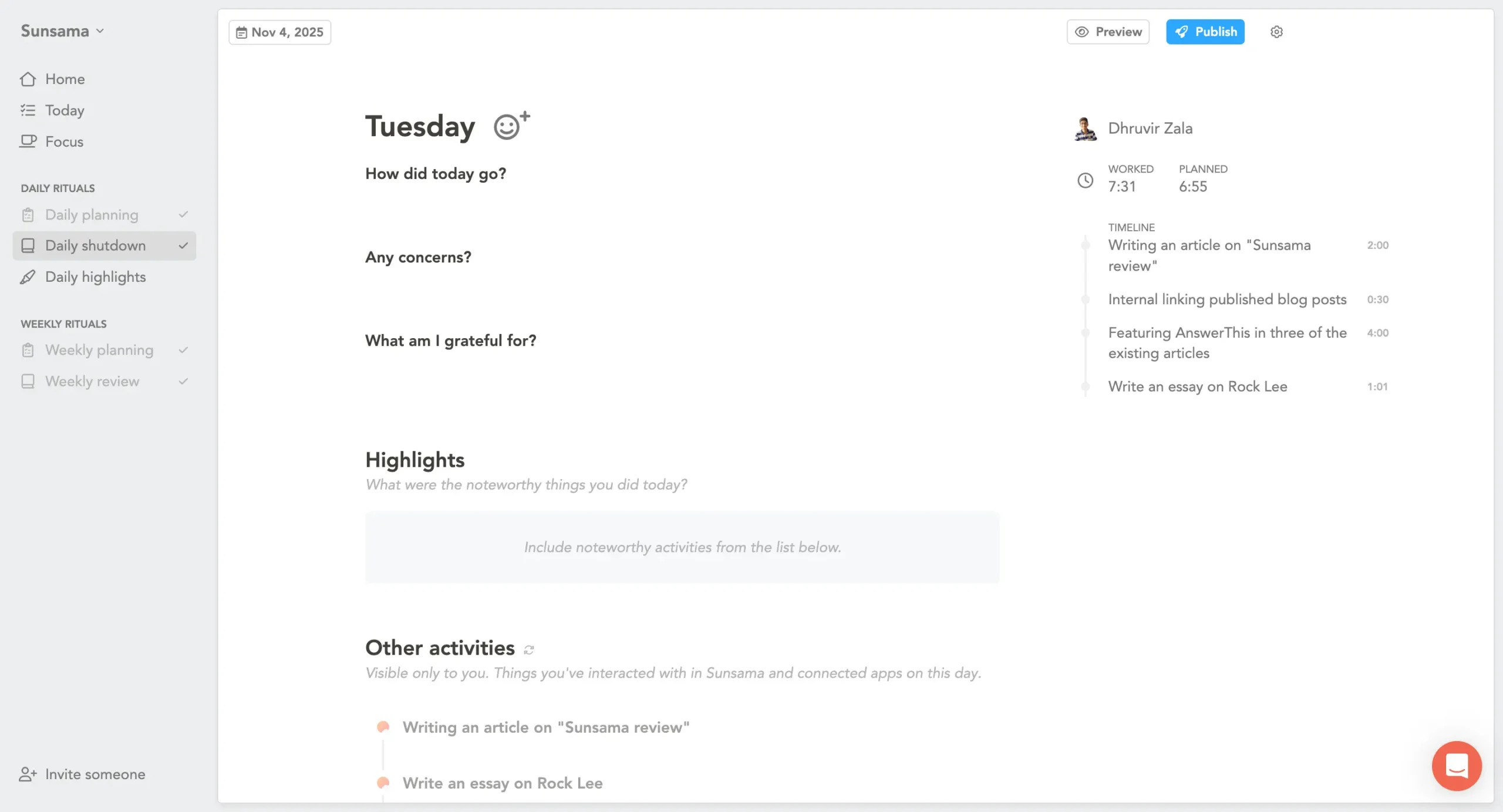 Daily shutdown in Sunsama