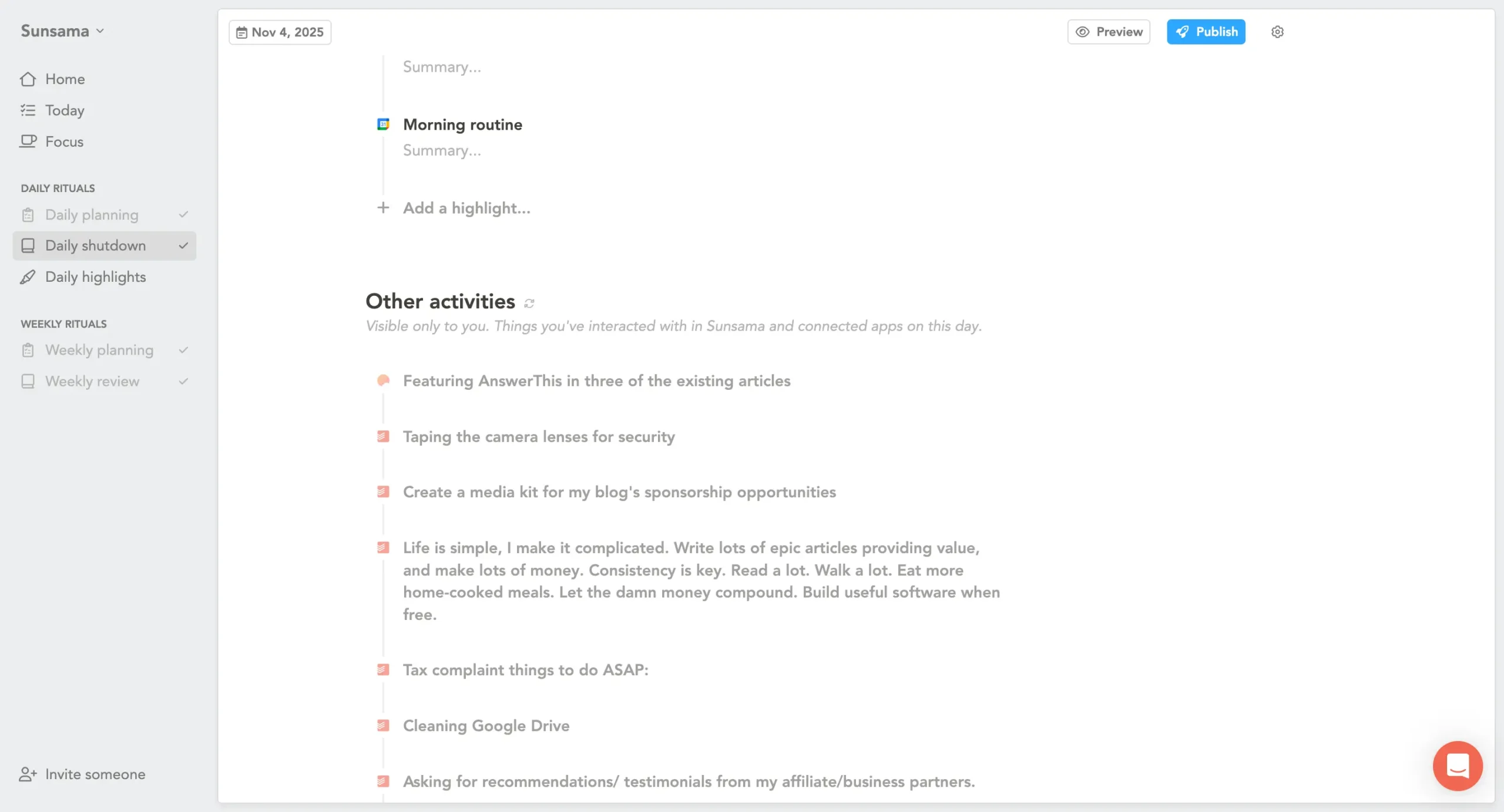 Dragging other activites to daily highlights in Sunsama
