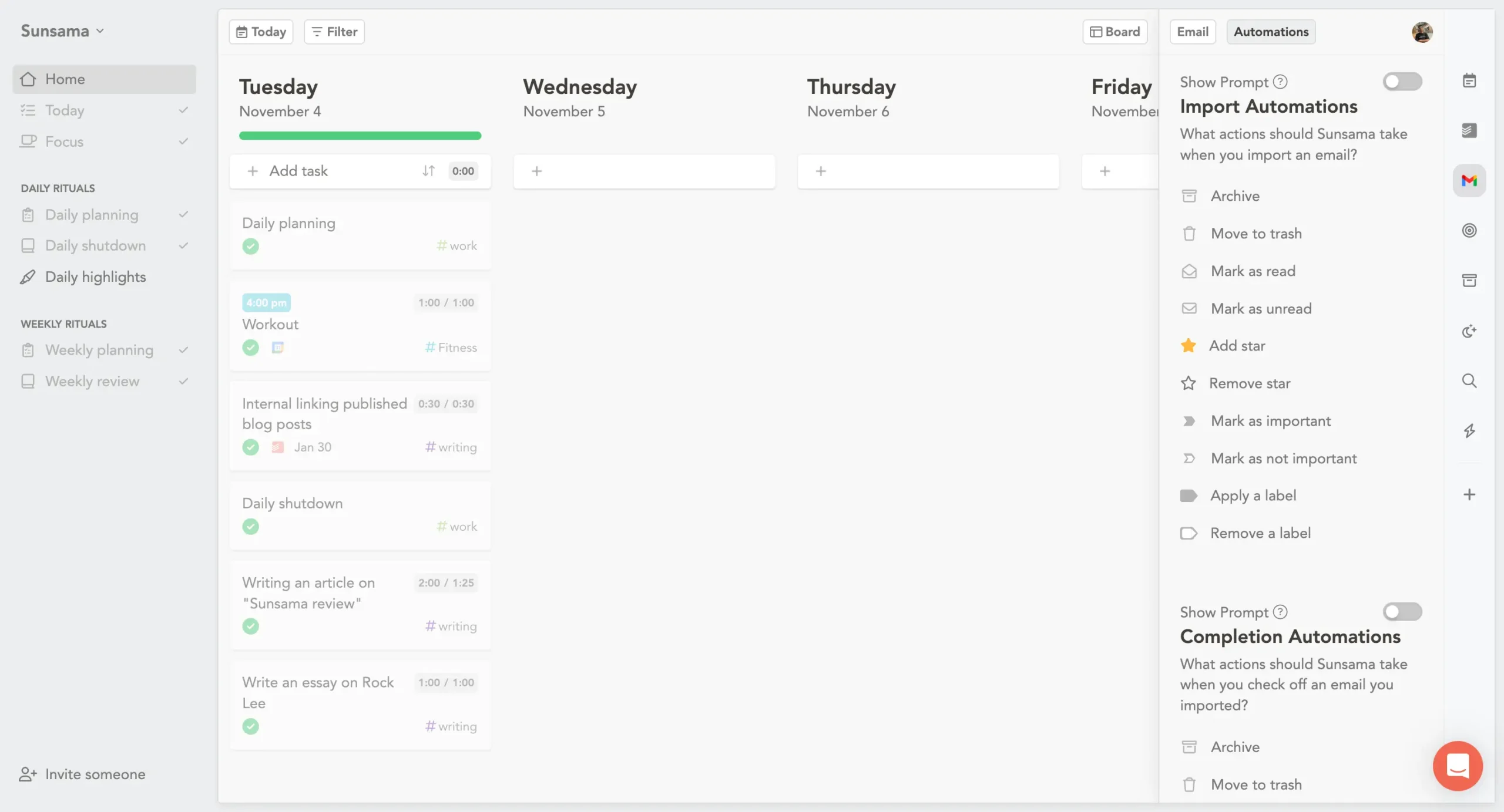 Email automations inside Sunsama