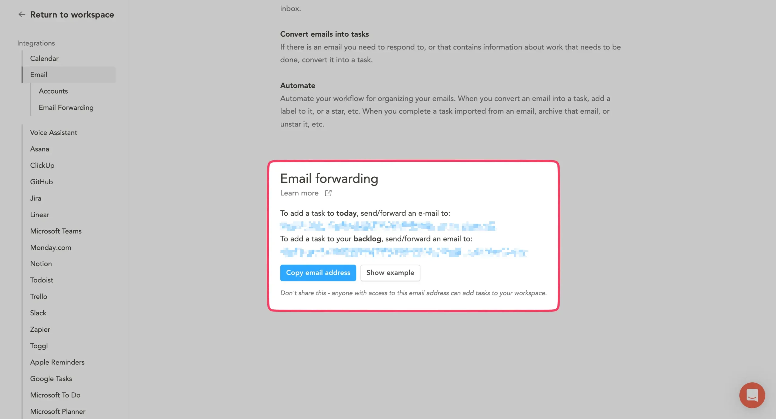 Email forwarding in Sunsama