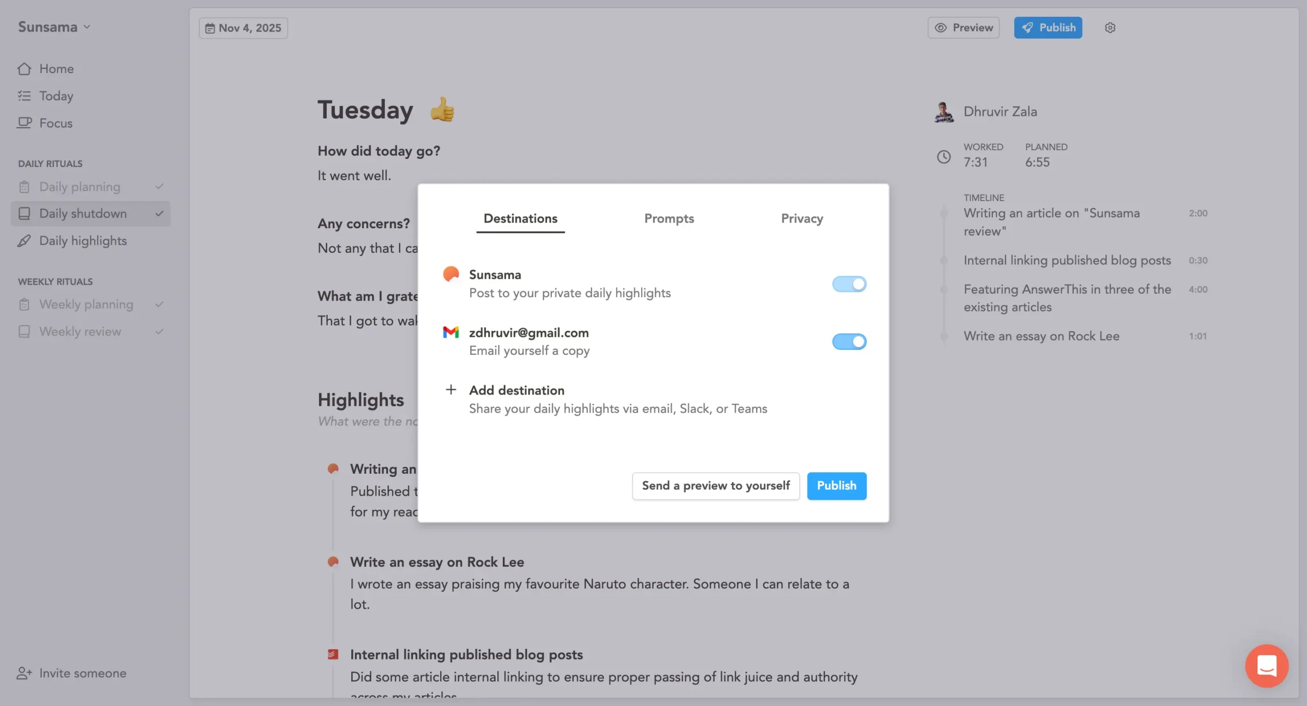 Emailing daily highliights to yourself and sharing it with others
